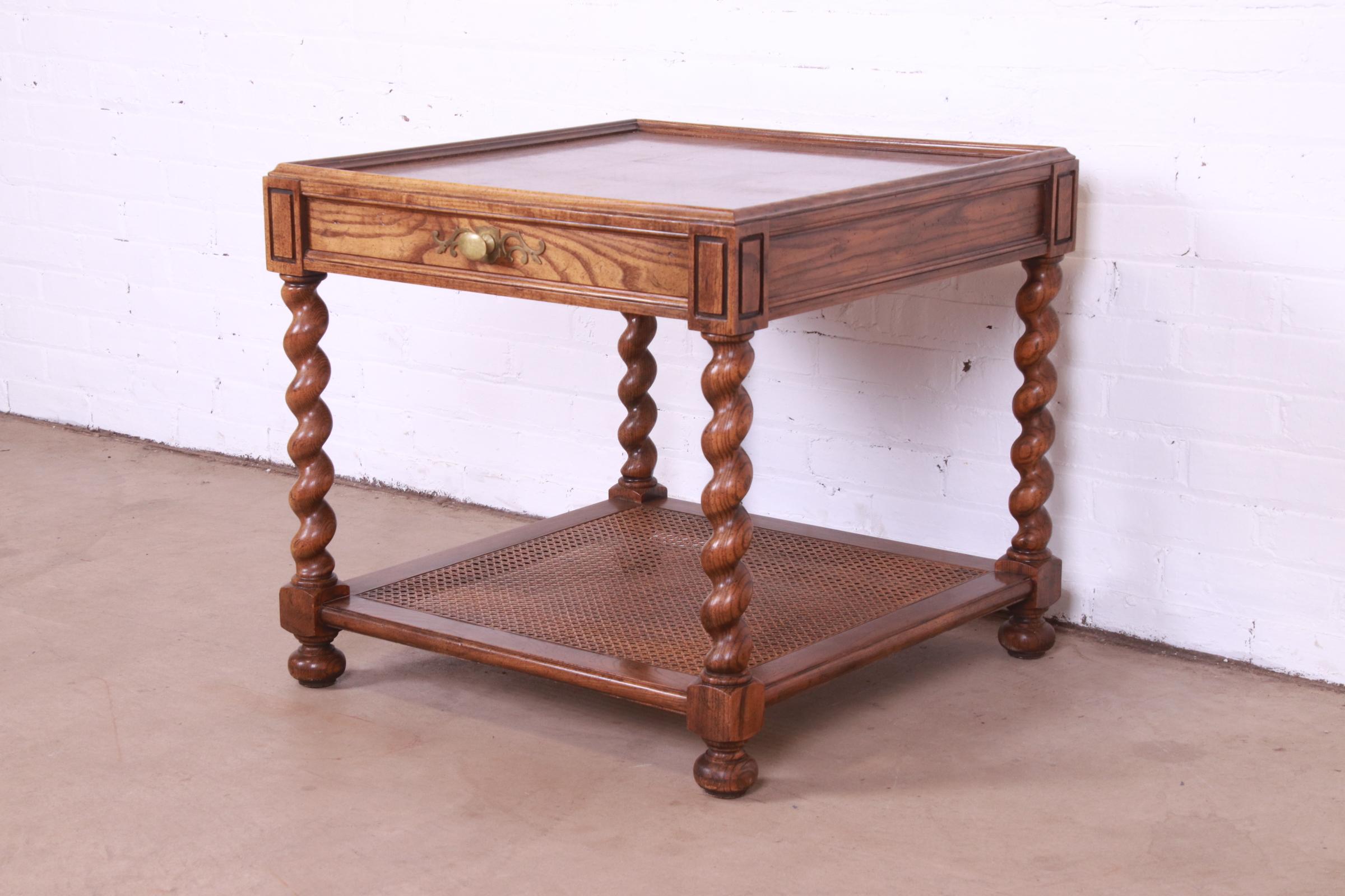 Baker Furniture Jacobean English Barley Twist Oak, Burl, and Cane Tea Table In Good Condition In South Bend, IN