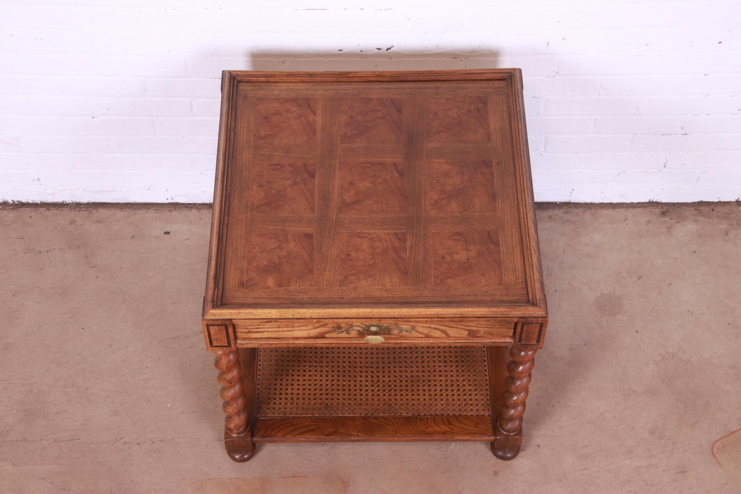 Mid-20th Century Baker Furniture Jacobean English Barley Twist Oak, Burl, and Cane Tea Table