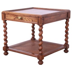 Baker Furniture Jacobean English Barley Twist Oak, Burl, and Cane Tea Table