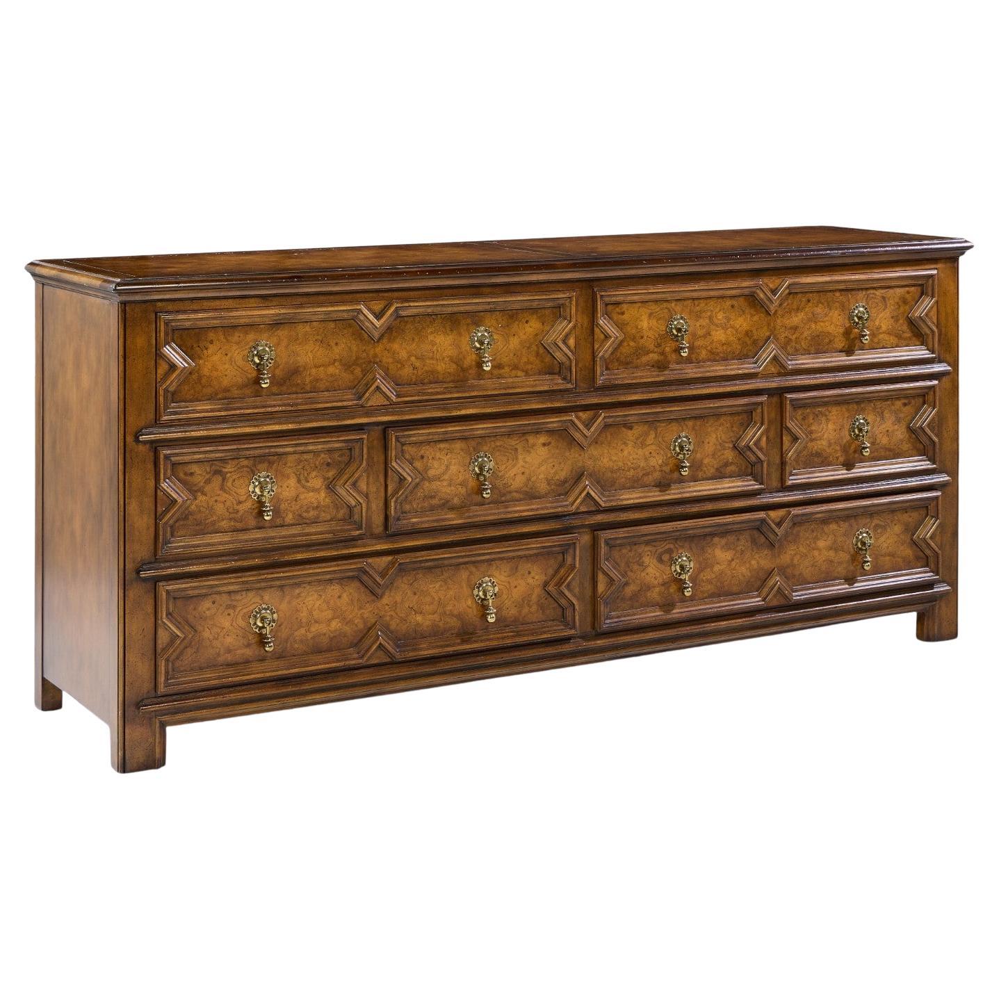 Baker Furniture Jacobean Style Oak, Burlwood and Brass Dresser