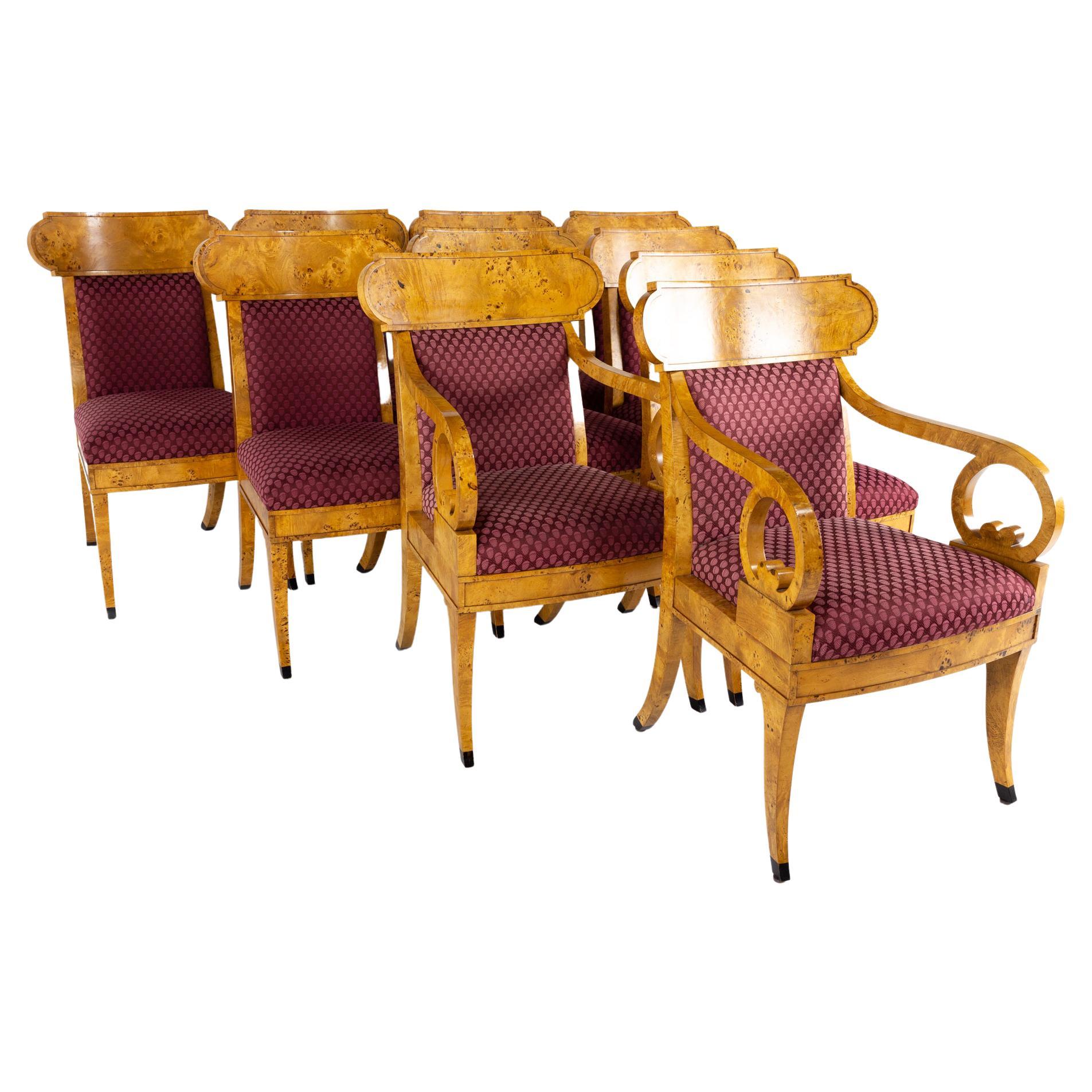 Baker Furniture Klismos Collection Neoclassical Burlwood Chairs, Set of 10 For Sale