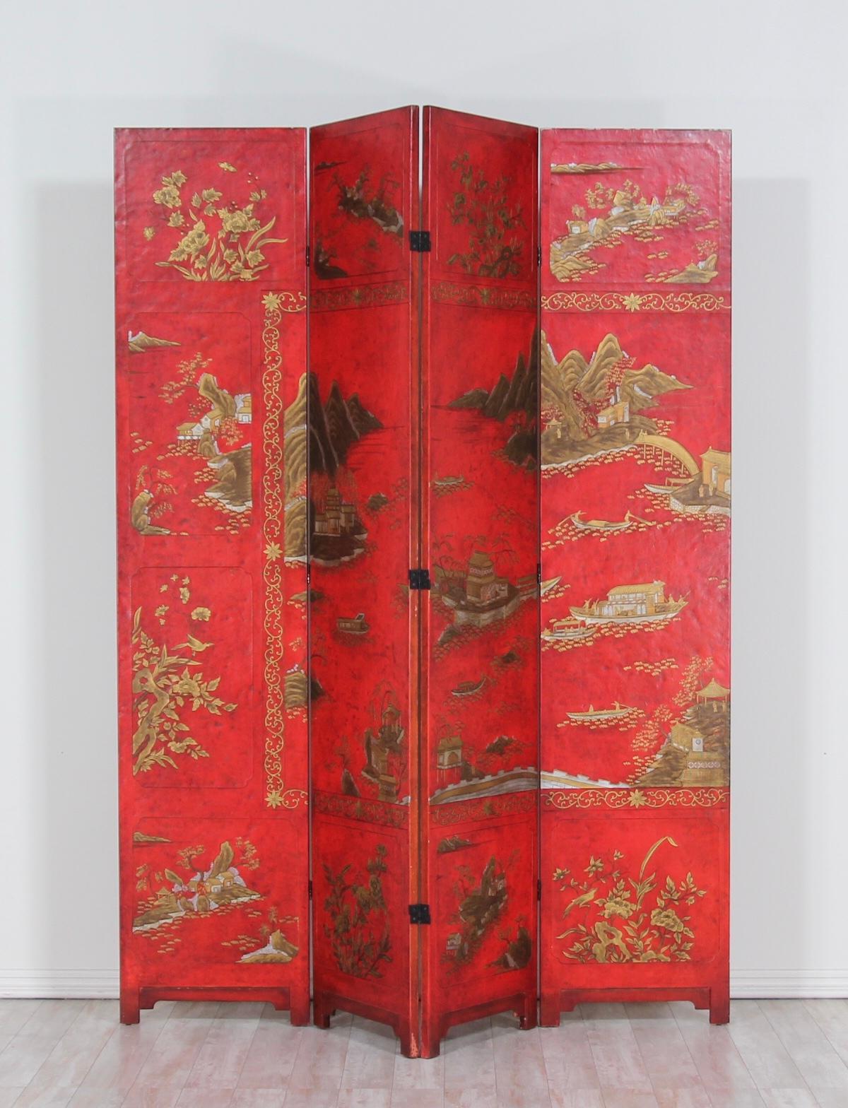 Late 20th Century Baker Furniture Lacquered Coromandel Chinoiserie Screen