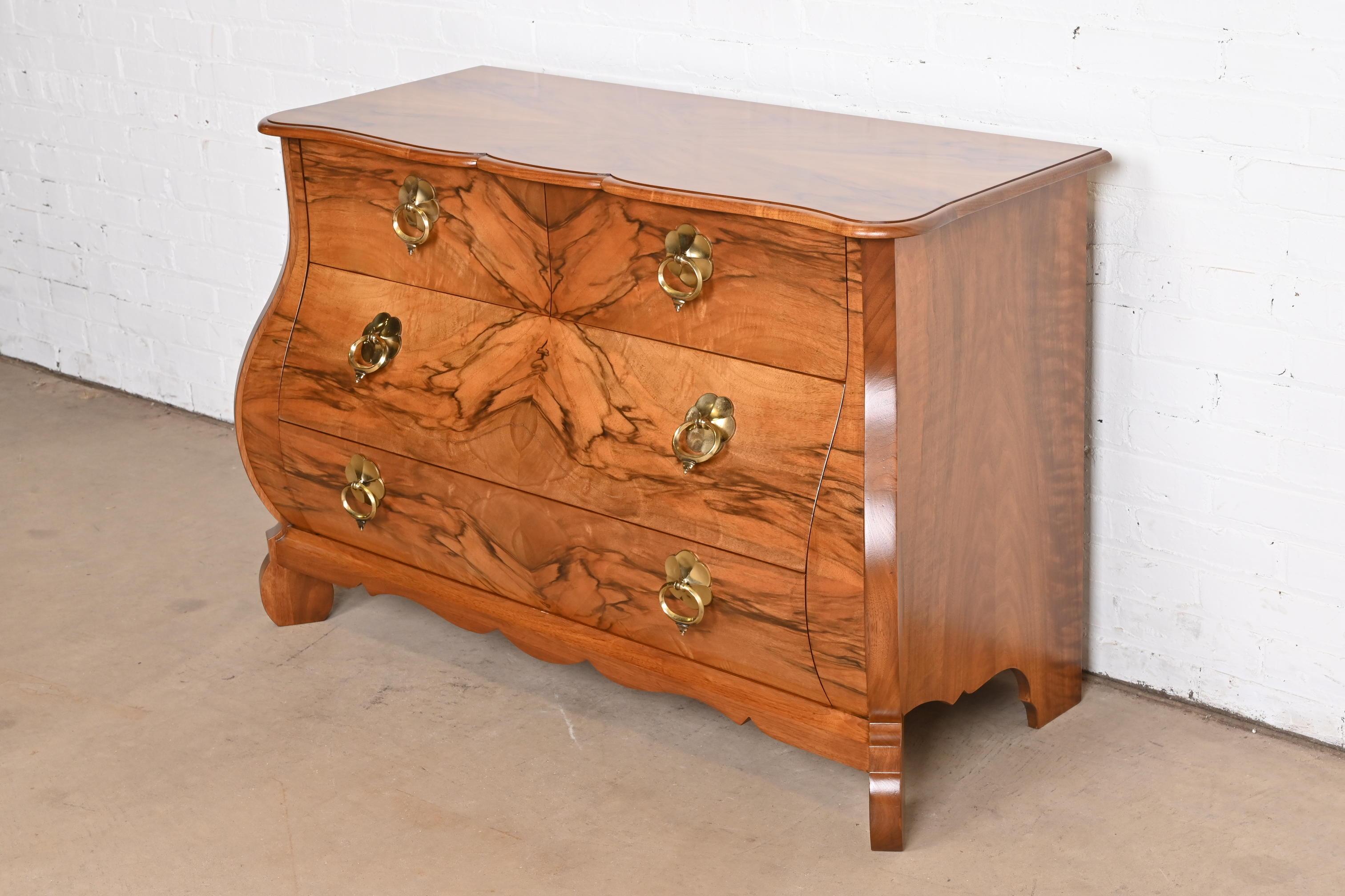 Baker Furniture Louis XV Burled Walnut Bombay Chest or Commode, Newly Refinished In Good Condition For Sale In South Bend, IN