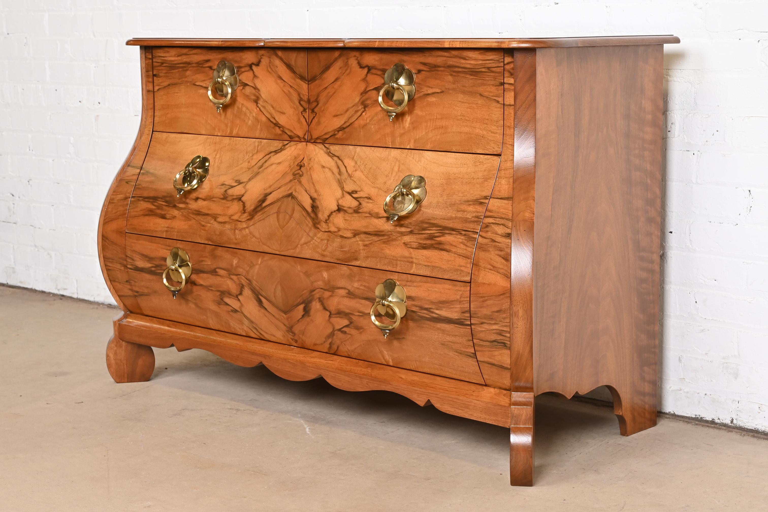 20th Century Baker Furniture Louis XV Burled Walnut Bombay Chest or Commode, Newly Refinished For Sale