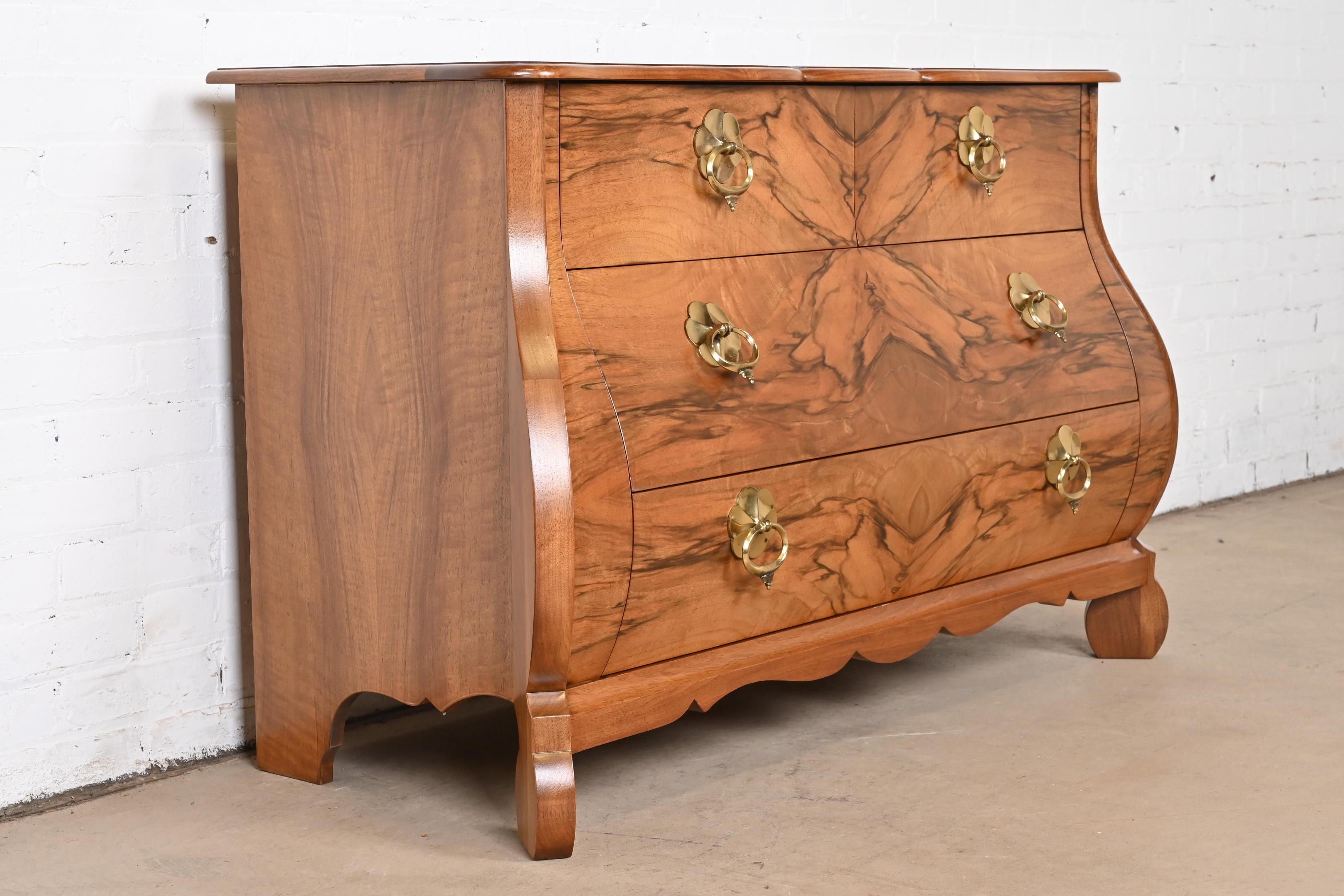 Brass Baker Furniture Louis XV Burled Walnut Bombay Chest or Commode, Newly Refinished For Sale