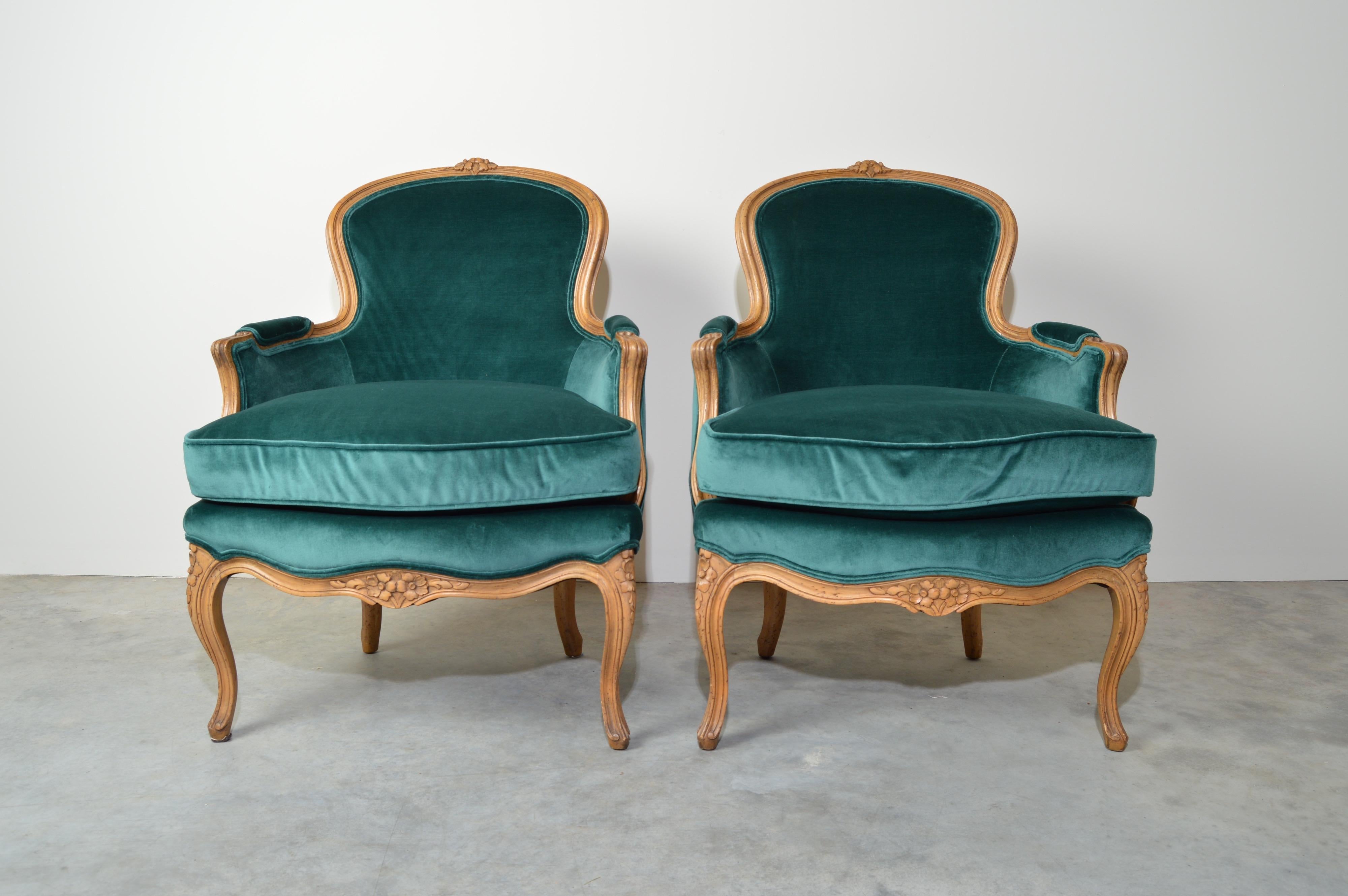 American Baker Furniture Louis XV Style Bergère Lounge Chairs with Ottoman in Velvet