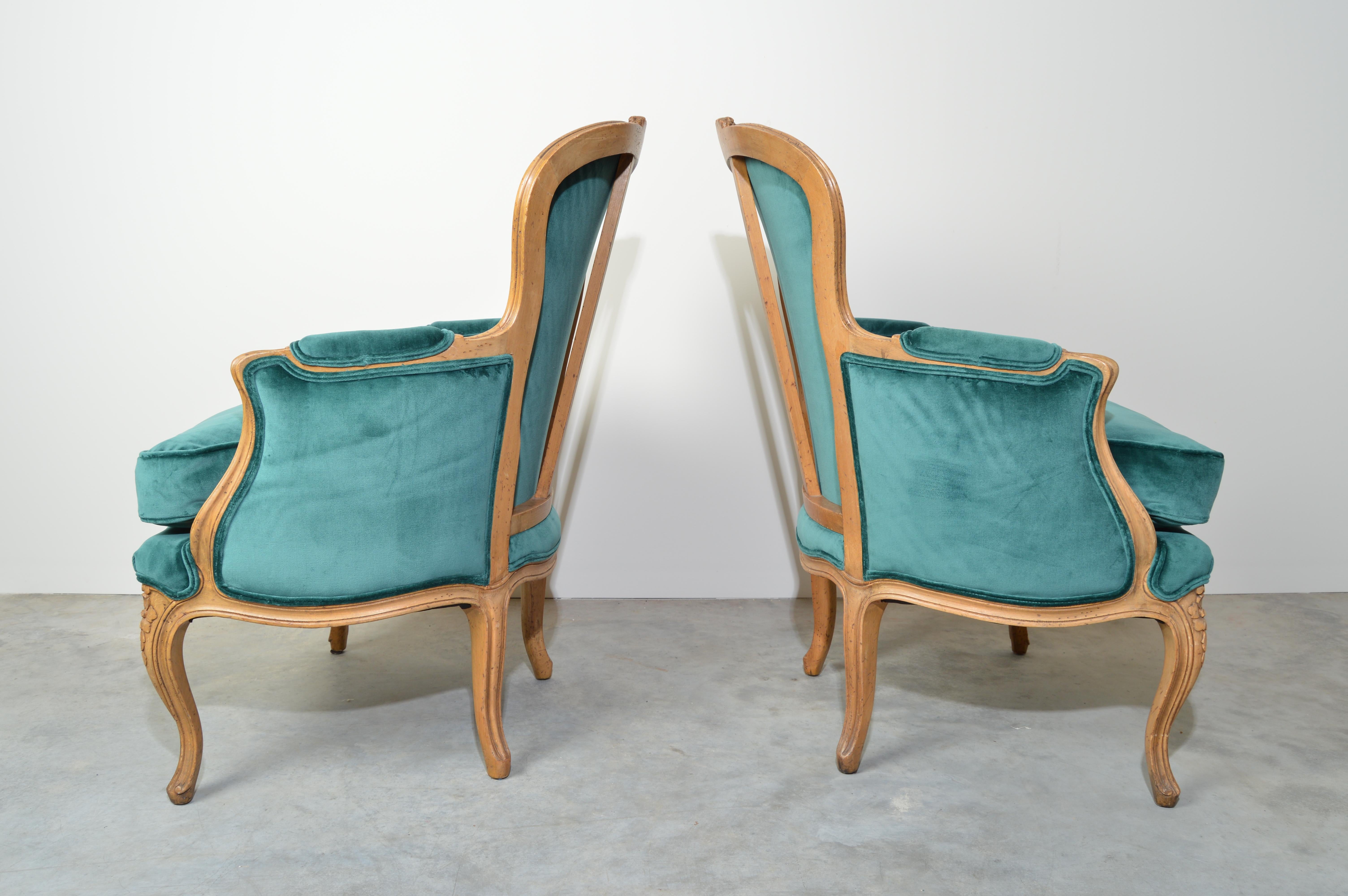 Mid-20th Century Baker Furniture Louis XV Style Bergère Lounge Chairs with Ottoman in Velvet