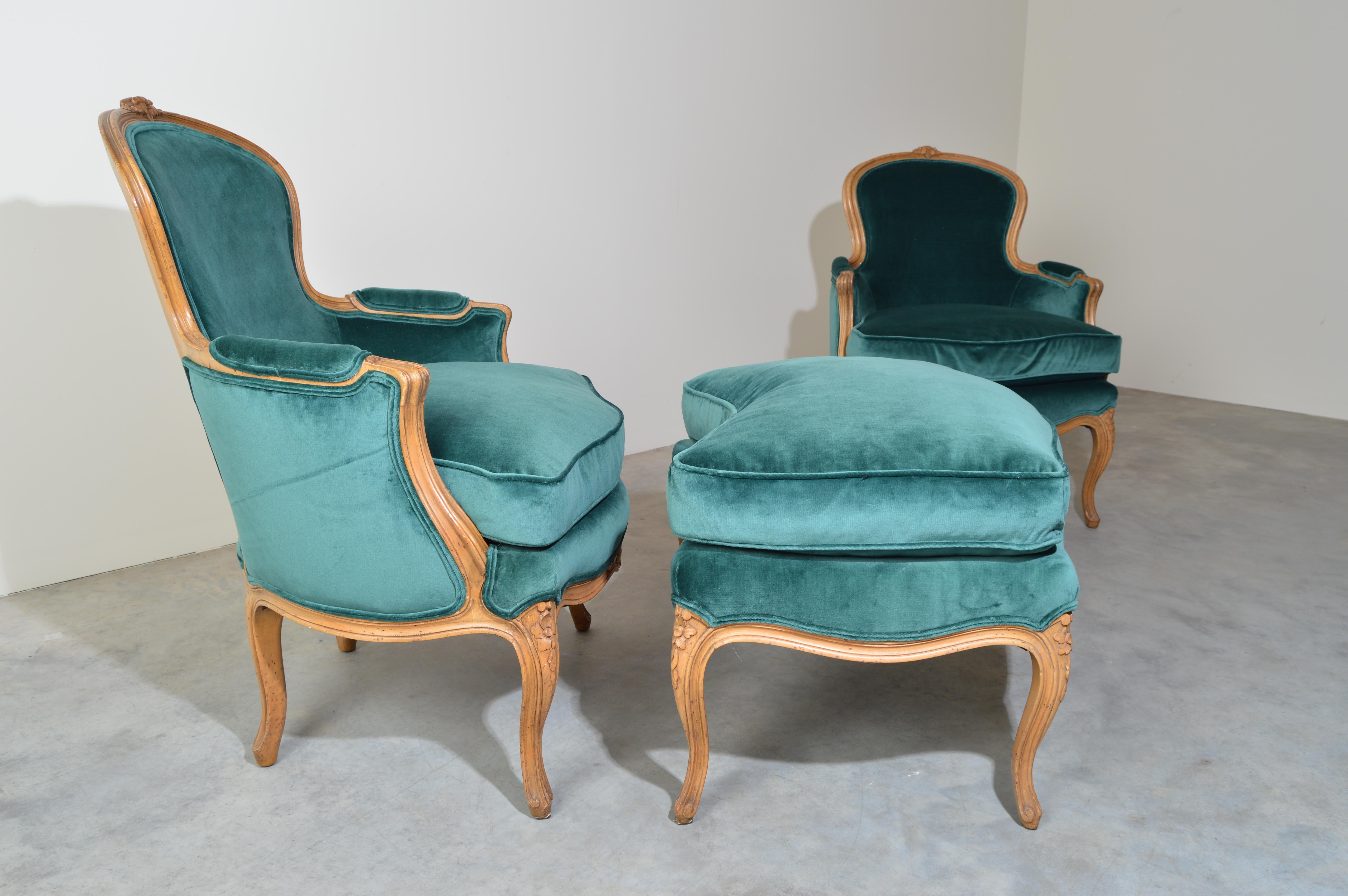 Mahogany Baker Furniture Louis XV Style Bergère Lounge Chairs with Ottoman in Velvet