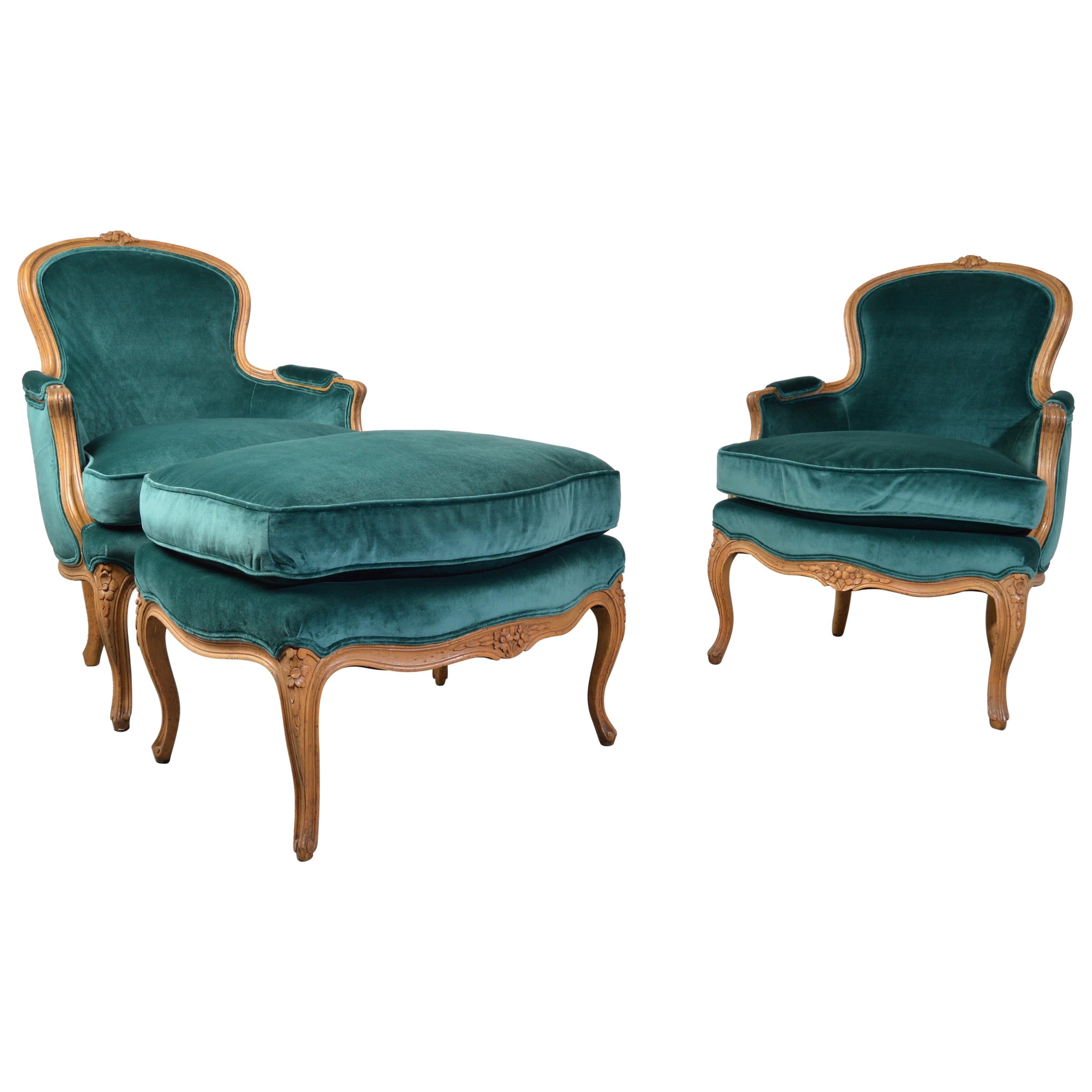 Baker Furniture Louis XV Style Bergère Lounge Chairs with Ottoman in Velvet