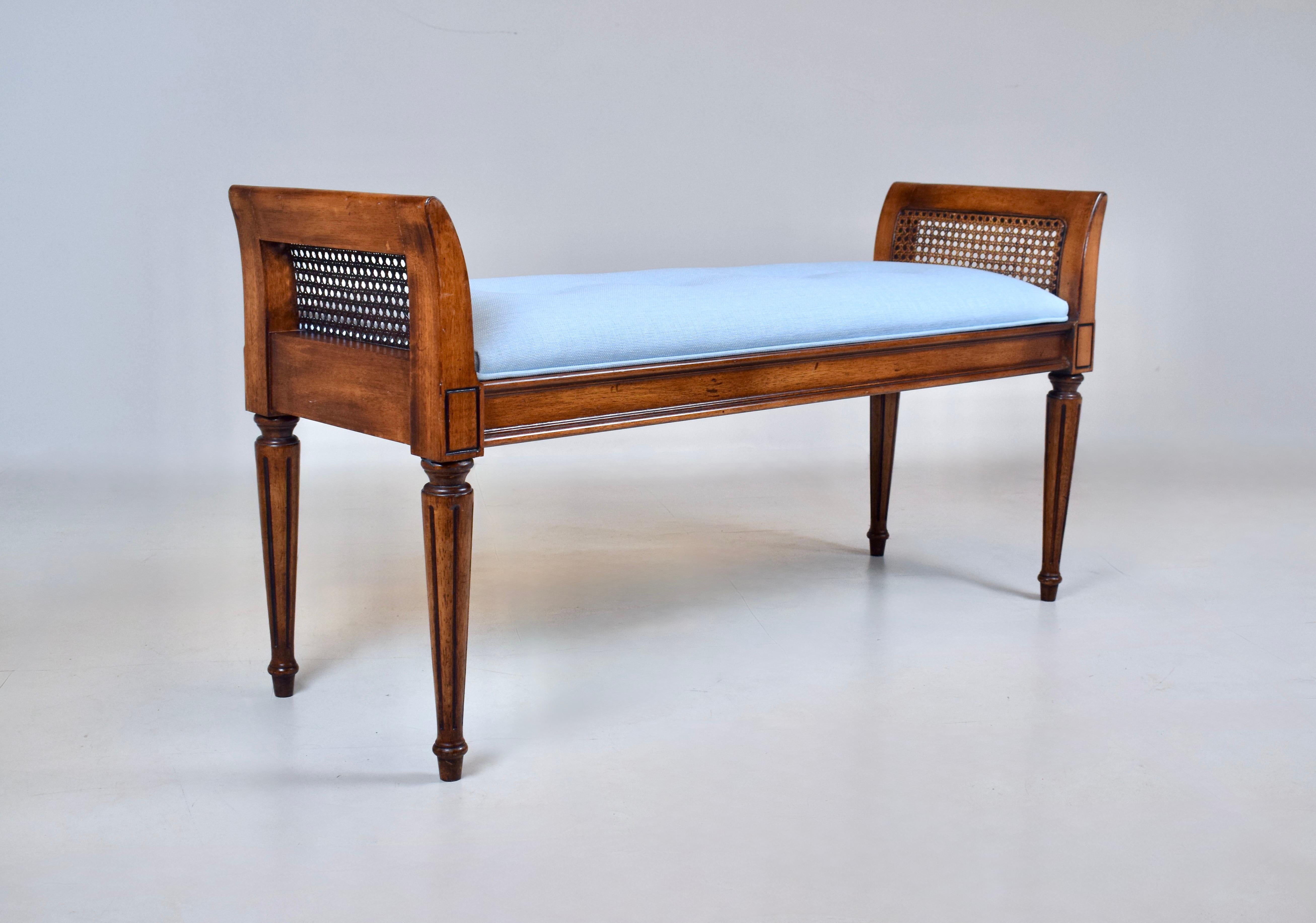 Baker Furniture Louis XVI Style Walnut Bench with Blue Upholstery For ...