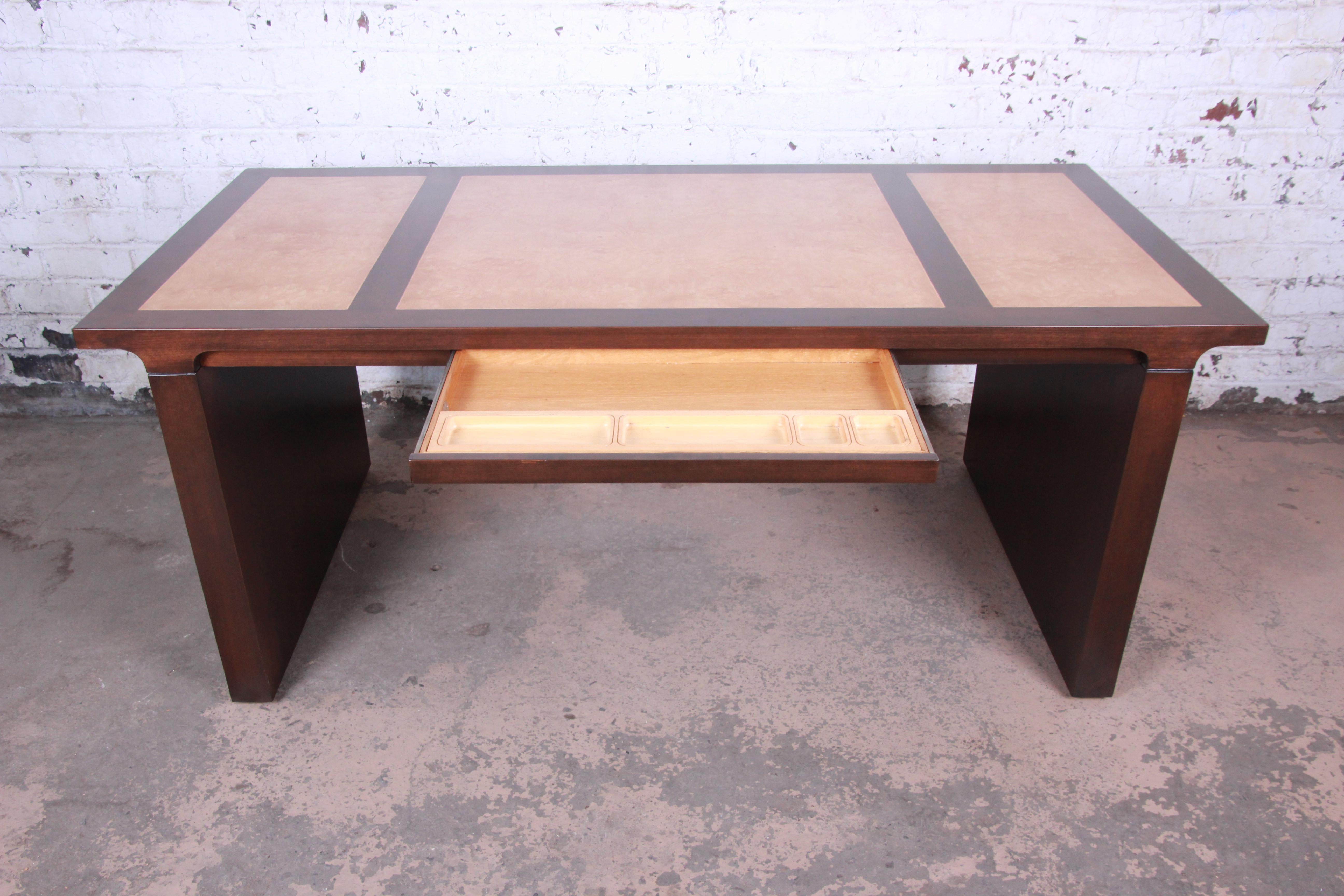 Baker Furniture Mahogany and Burl Wood Executive Desk, Newly Restored 2