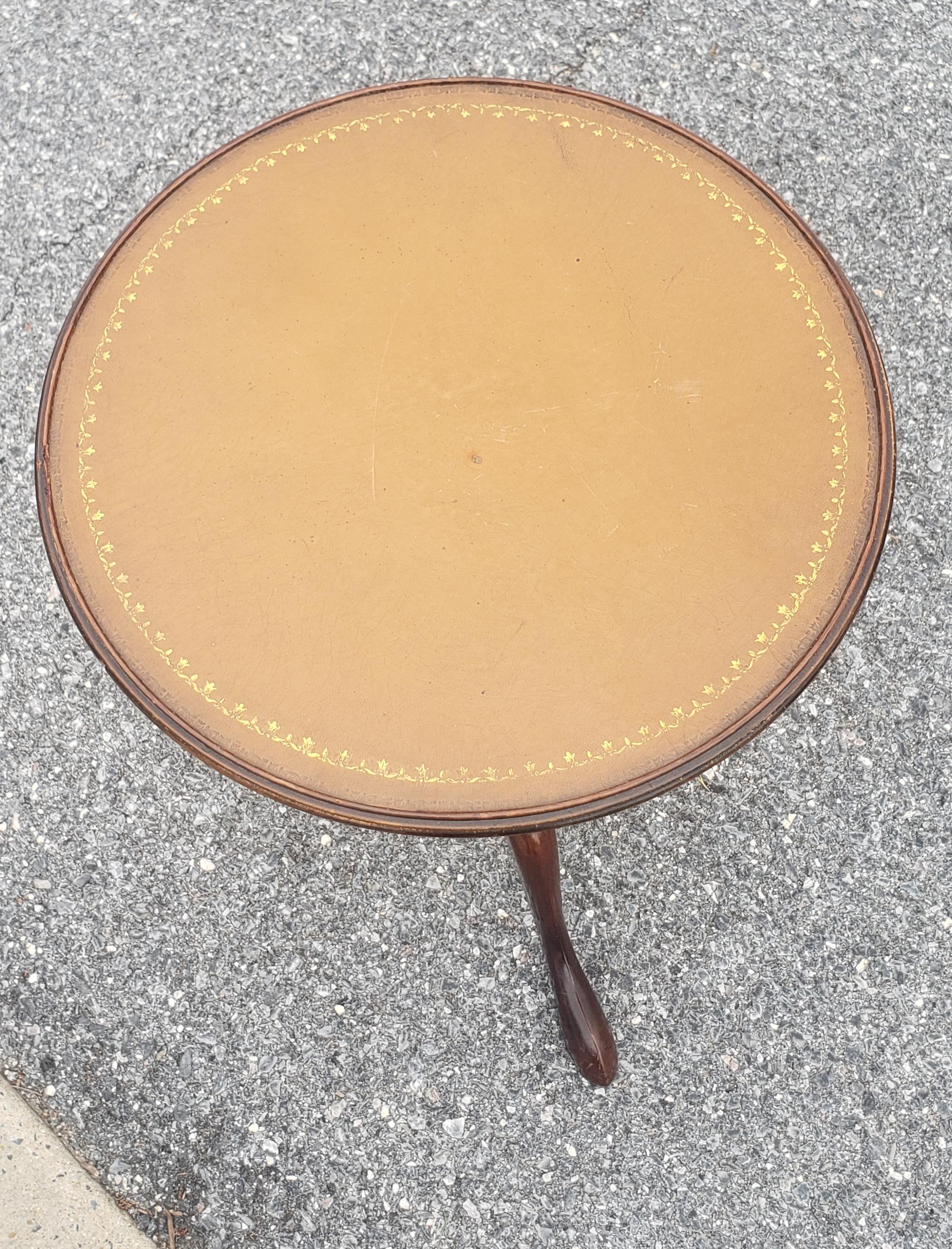 Mid-Century Modern Baker Furniture Mahogany and Tooled Leather Stinciled Top Custom Candle Stand For Sale