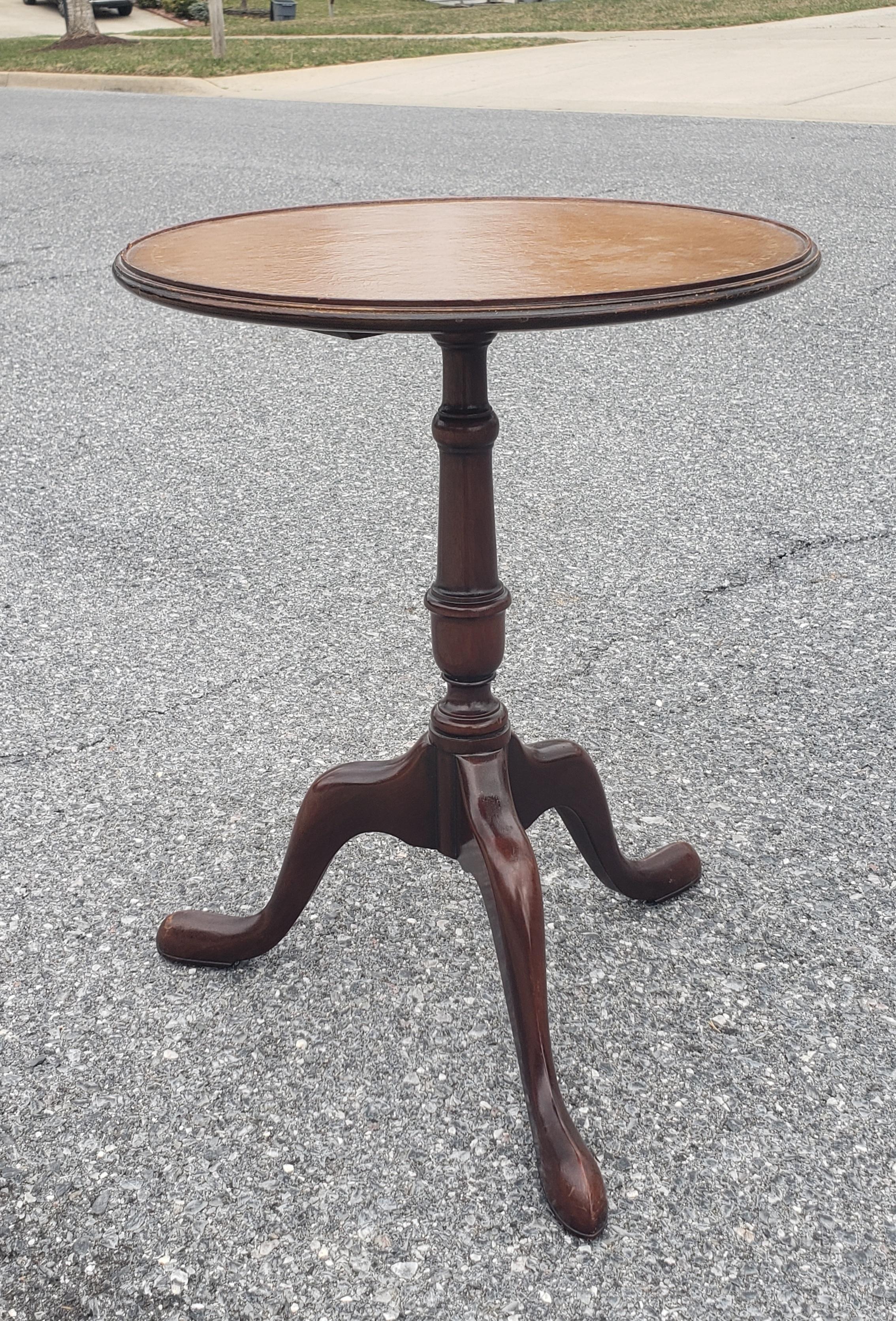 Woodwork Baker Furniture Mahogany and Tooled Leather Stinciled Top Custom Candle Stand For Sale