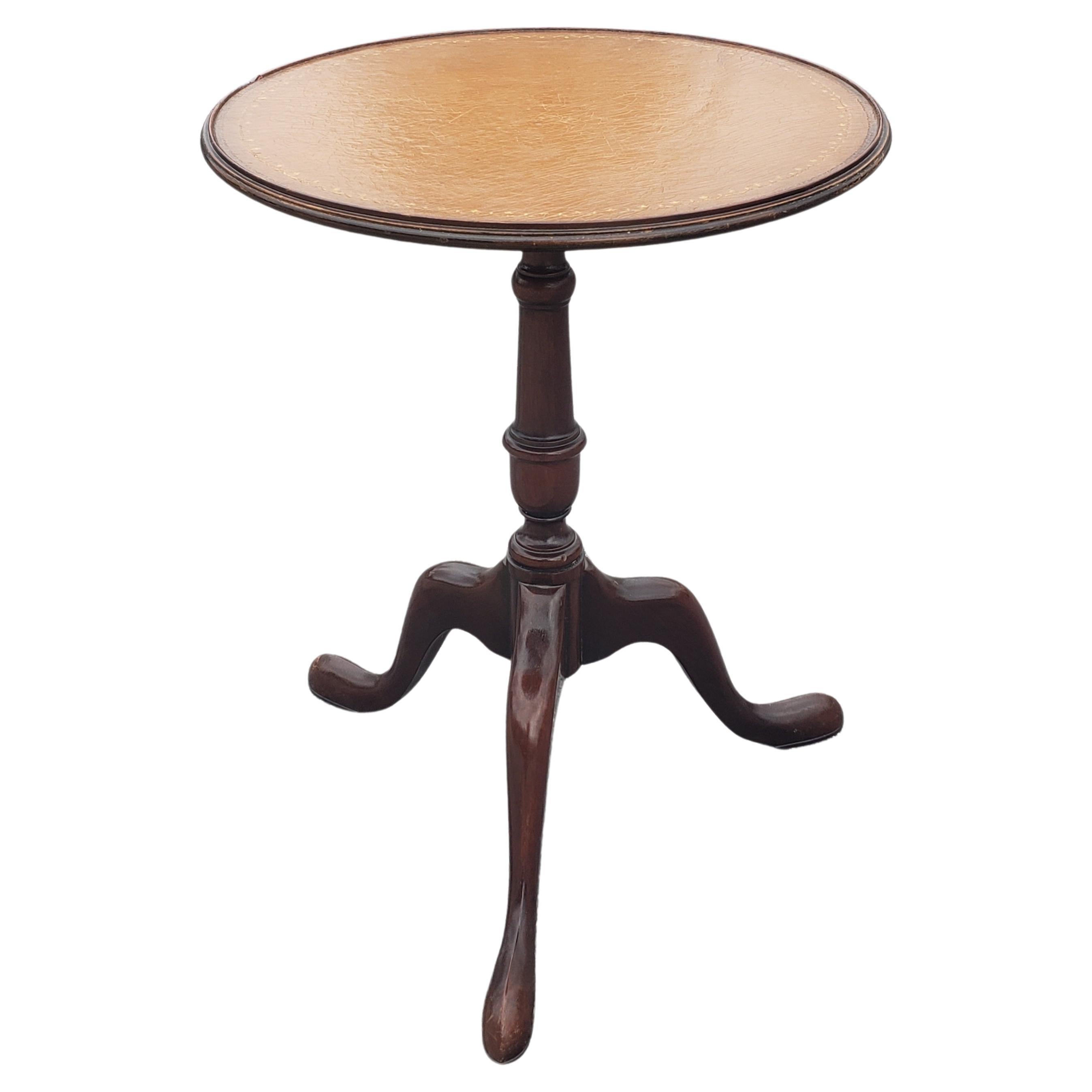Baker Furniture Mahogany and Tooled Leather Stinciled Top Custom Candle Stand For Sale