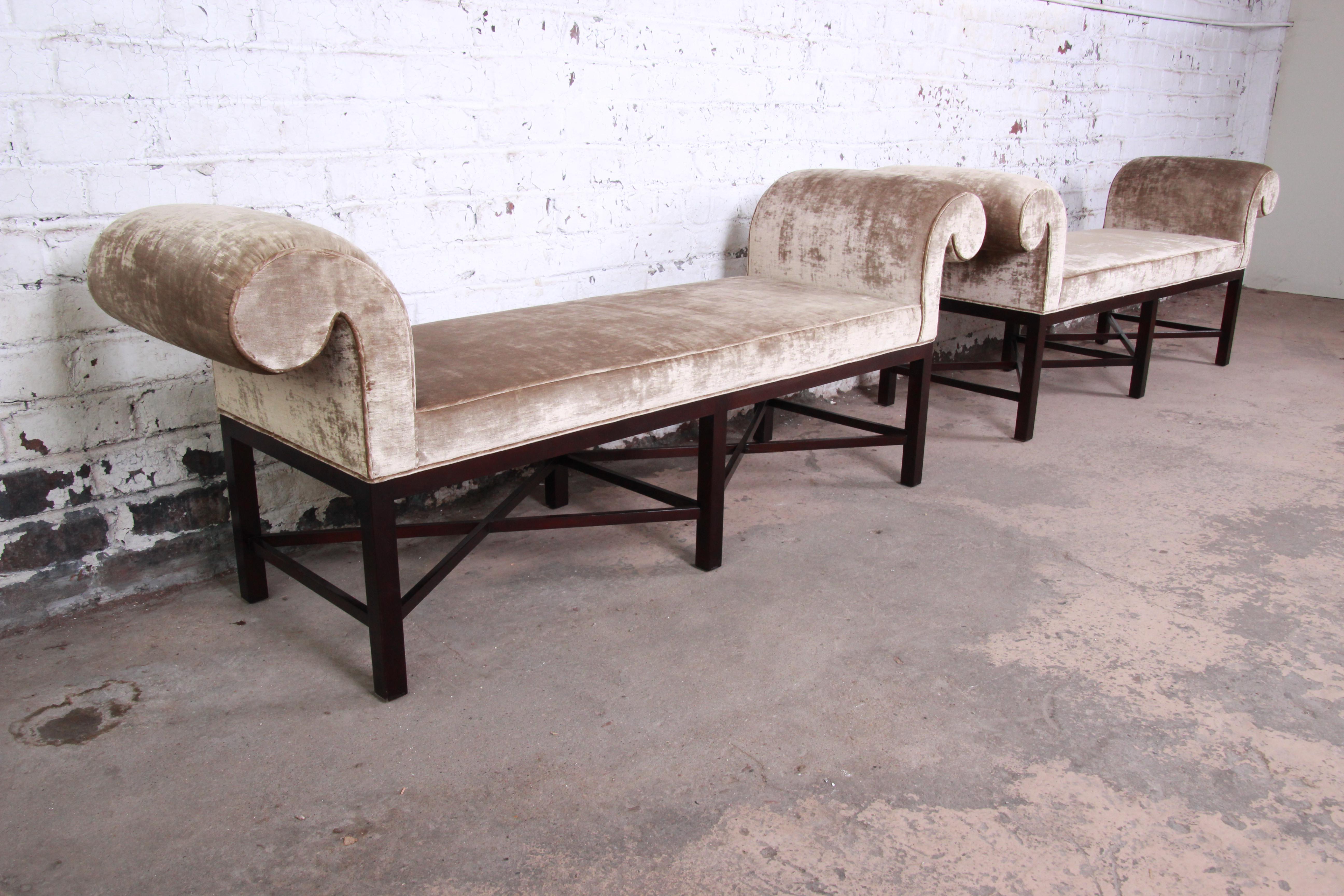 British Colonial Baker Furniture Mahogany and Velvet Window Benches, Two Available
