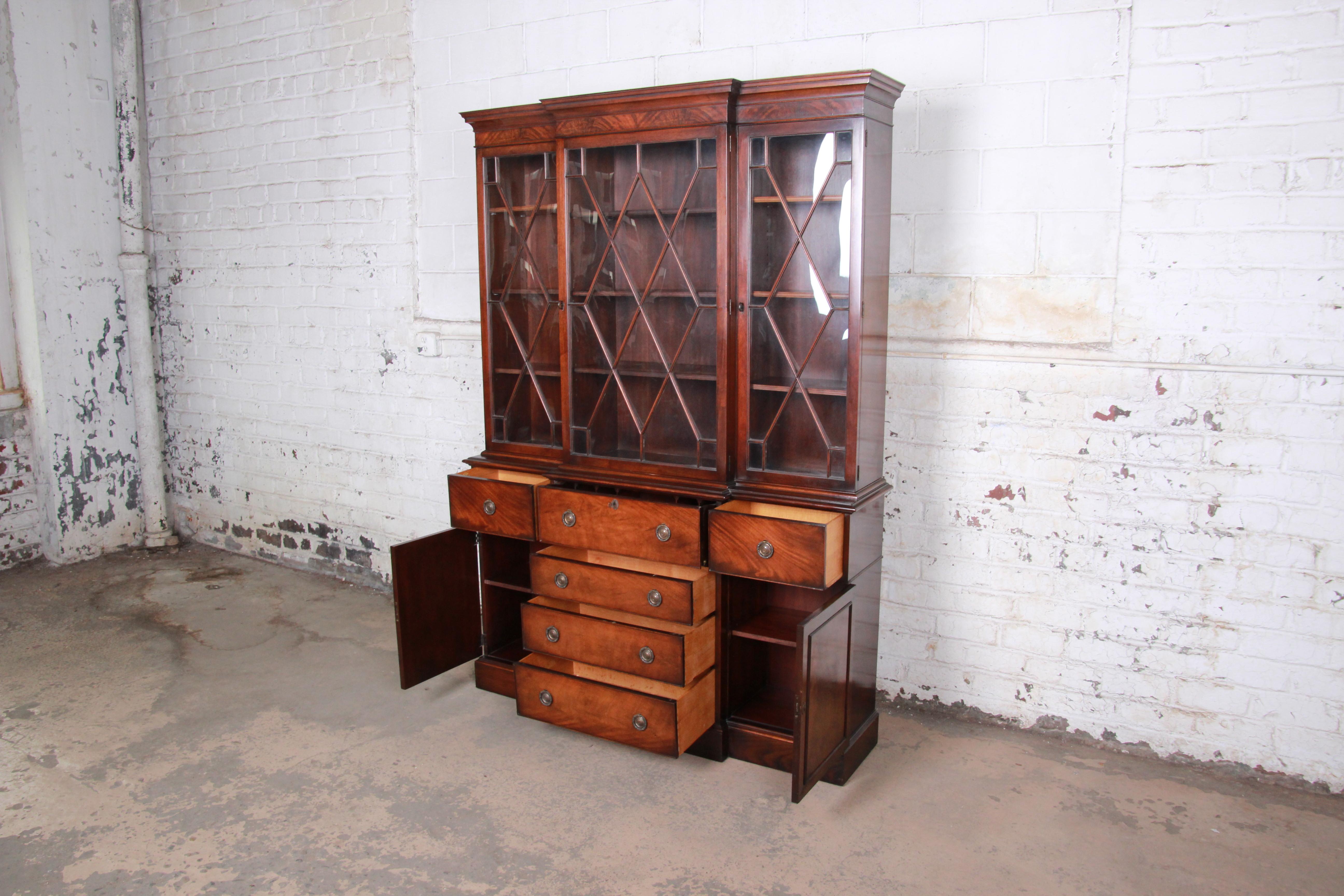 Brass Baker Furniture Mahogany Breakfront Bookcase Cabinet with Secretary Desk, 1940s