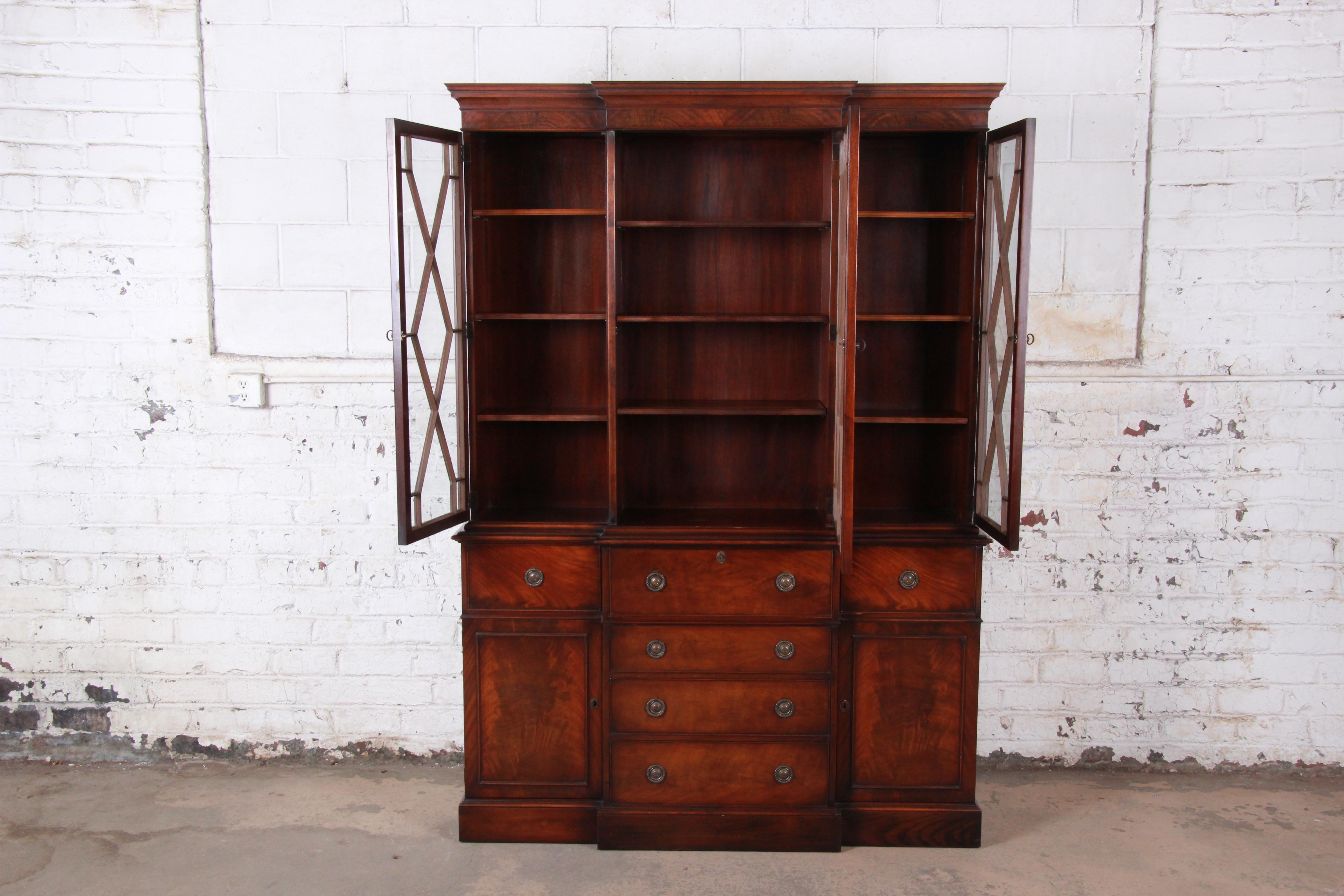 British Colonial Baker Furniture Mahogany Breakfront Bookcase Cabinet with Secretary Desk, 1940s