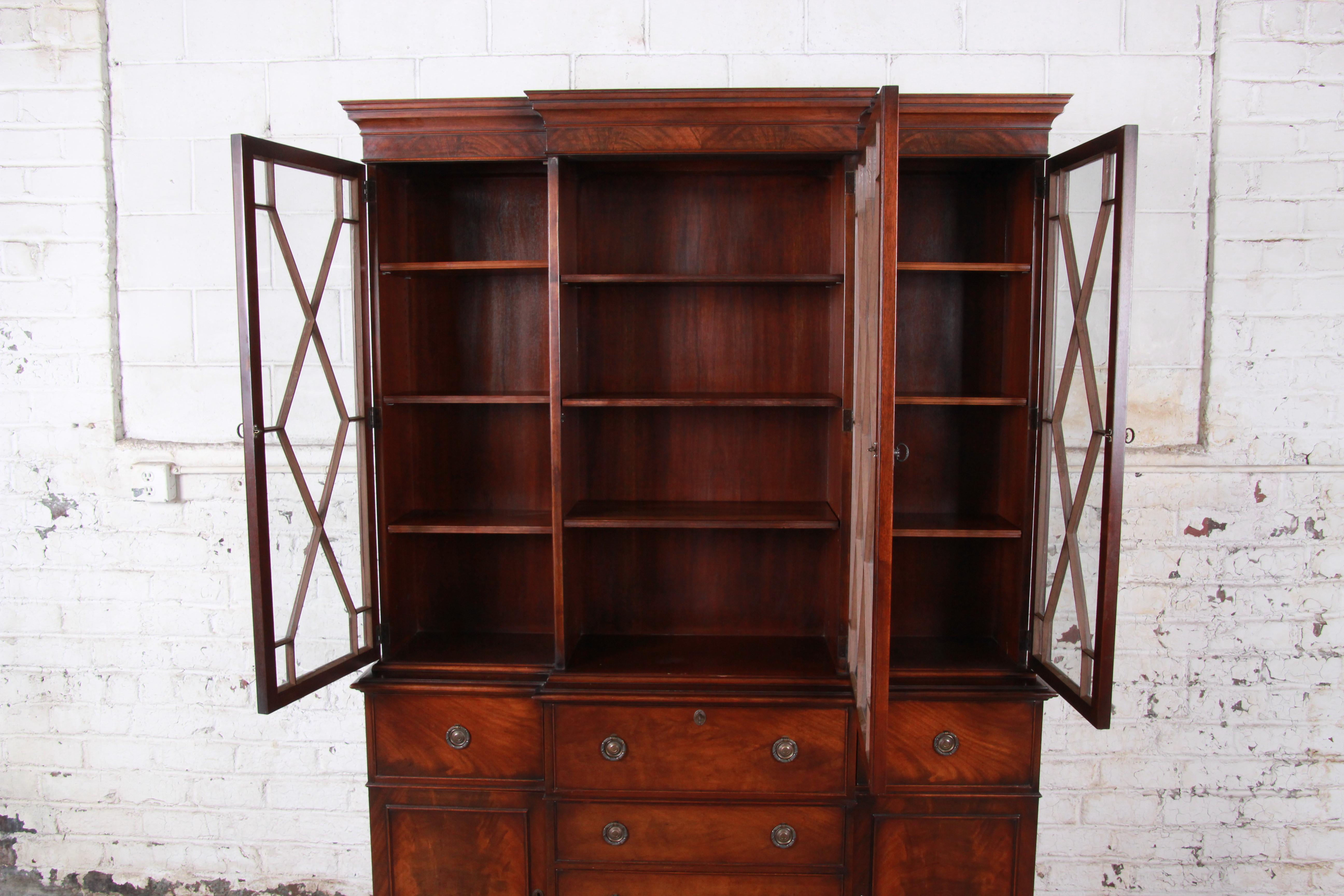 American Baker Furniture Mahogany Breakfront Bookcase Cabinet with Secretary Desk, 1940s