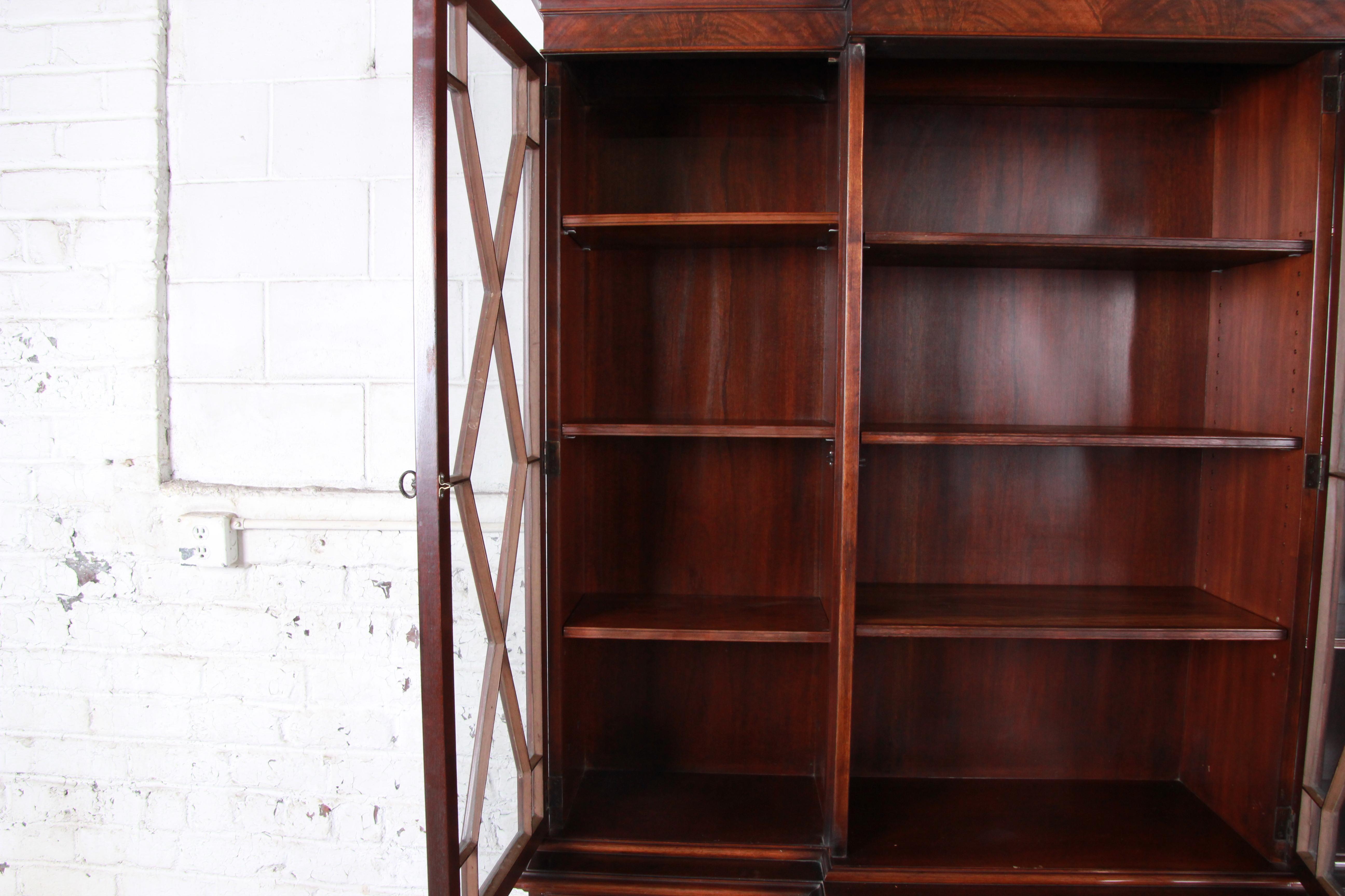 Baker Furniture Mahogany Breakfront Bookcase Cabinet with Secretary Desk, 1940s In Good Condition In South Bend, IN