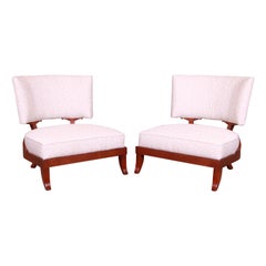 Baker Furniture Mahogany Curved Back Upholstered Lounge Chairs, Pair