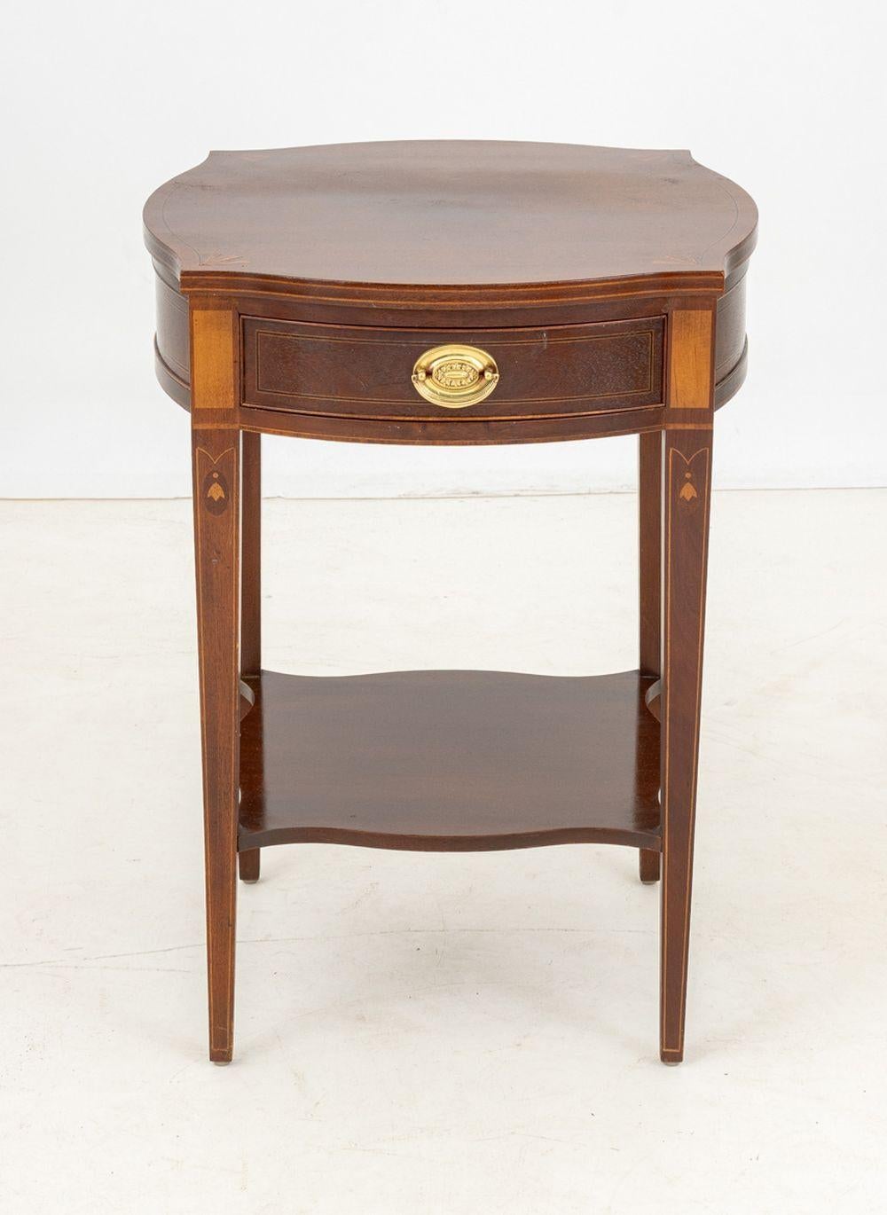 Baker Furniture Mahogany Side Table, with birch marquetry inlay and single drawer on four fluted legs, marked 