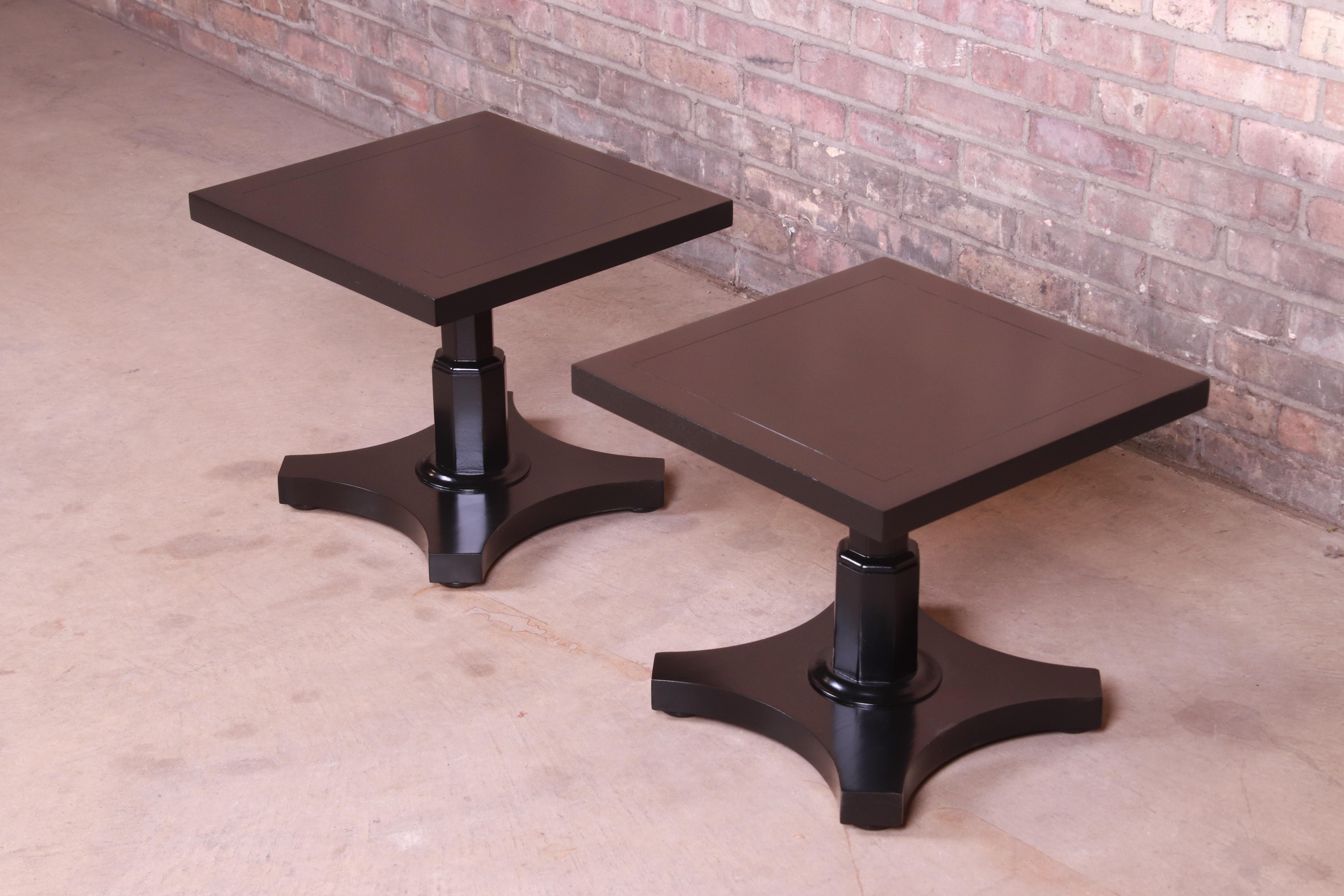 Mid-Century Modern Baker Furniture Midcentury Black Lacquered Pedestal Side Tables, Refinished