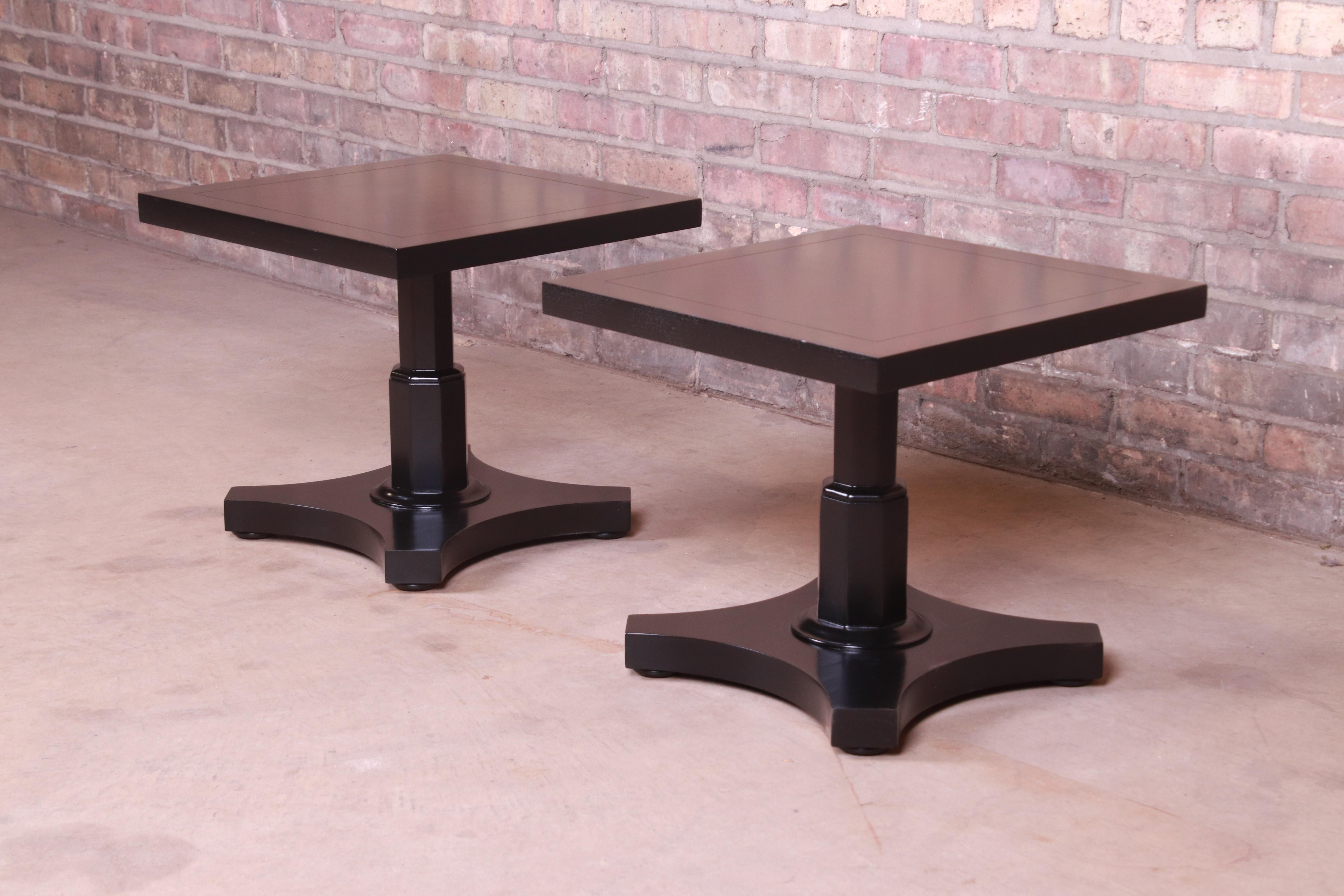 American Baker Furniture Midcentury Black Lacquered Pedestal Side Tables, Refinished