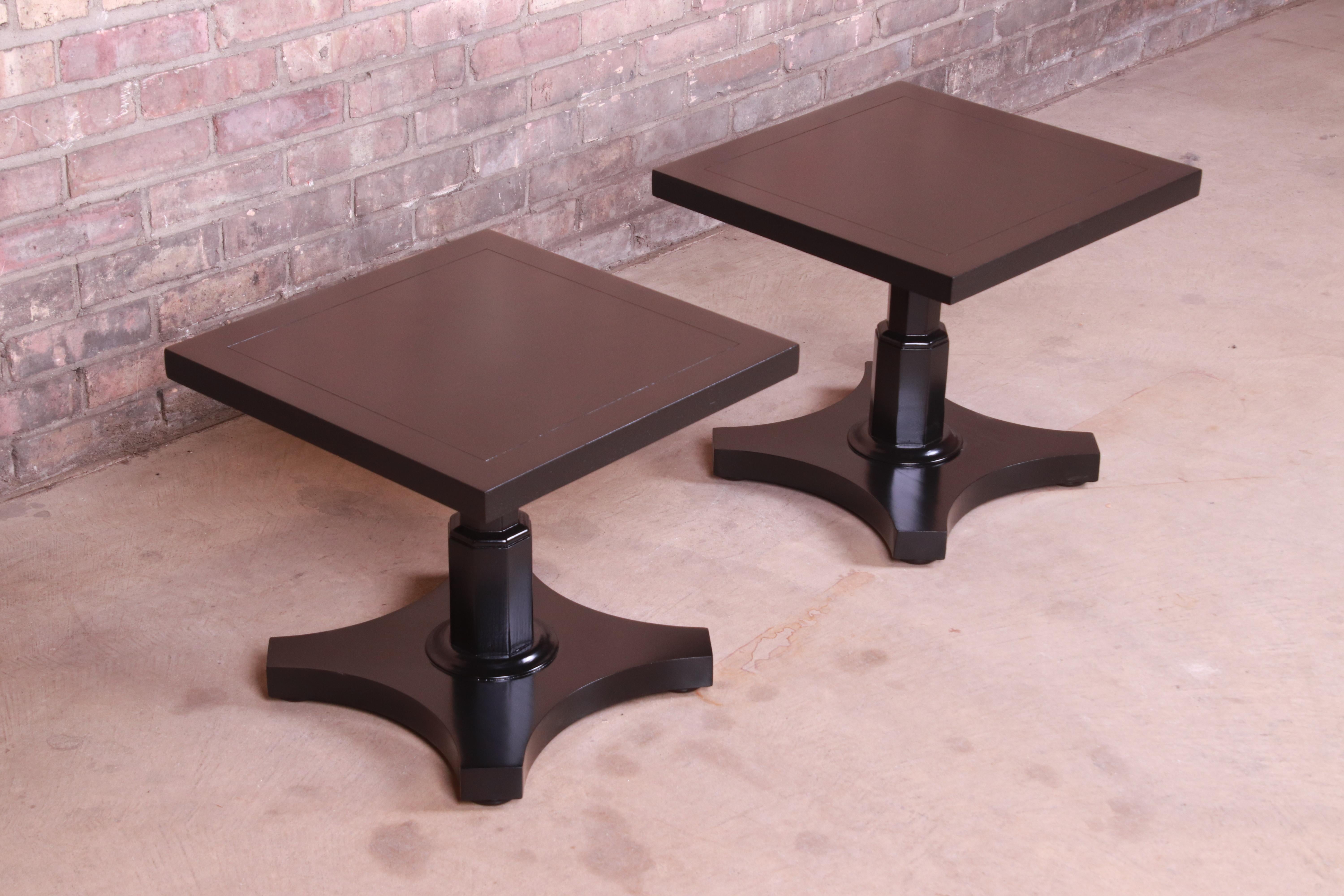 Baker Furniture Midcentury Black Lacquered Pedestal Side Tables, Refinished In Good Condition In South Bend, IN