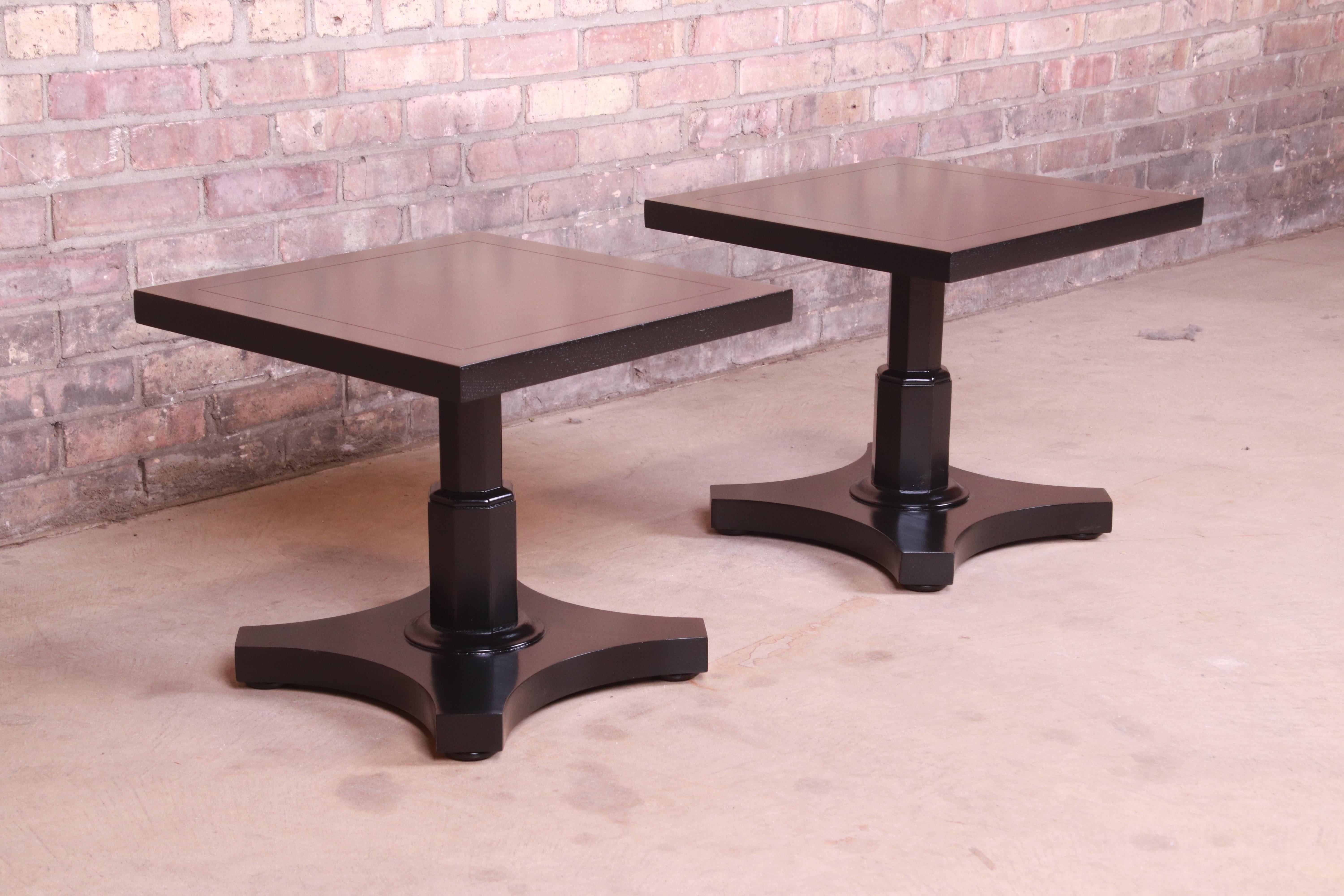 20th Century Baker Furniture Midcentury Black Lacquered Pedestal Side Tables, Refinished For Sale