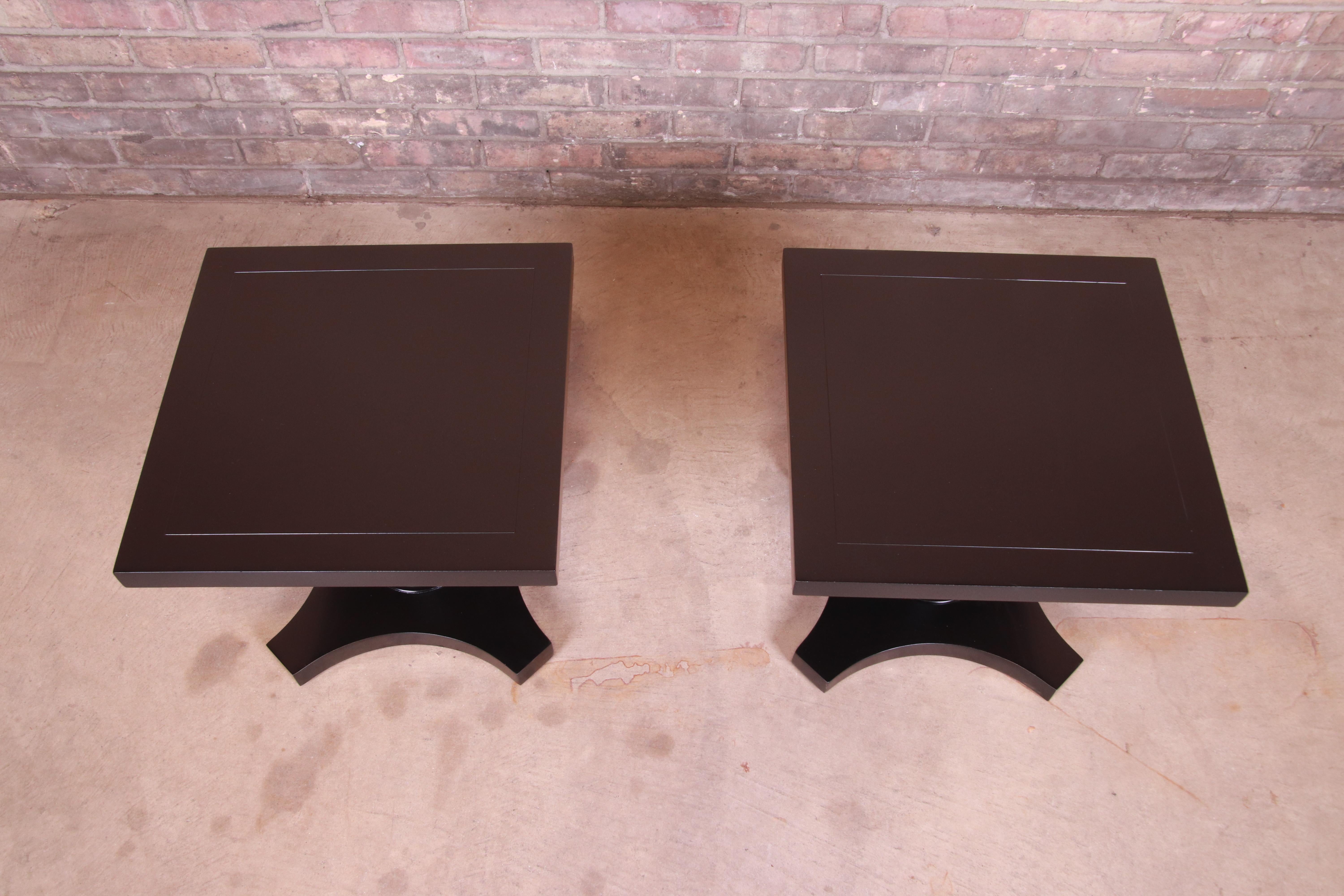 Walnut Baker Furniture Midcentury Black Lacquered Pedestal Side Tables, Refinished