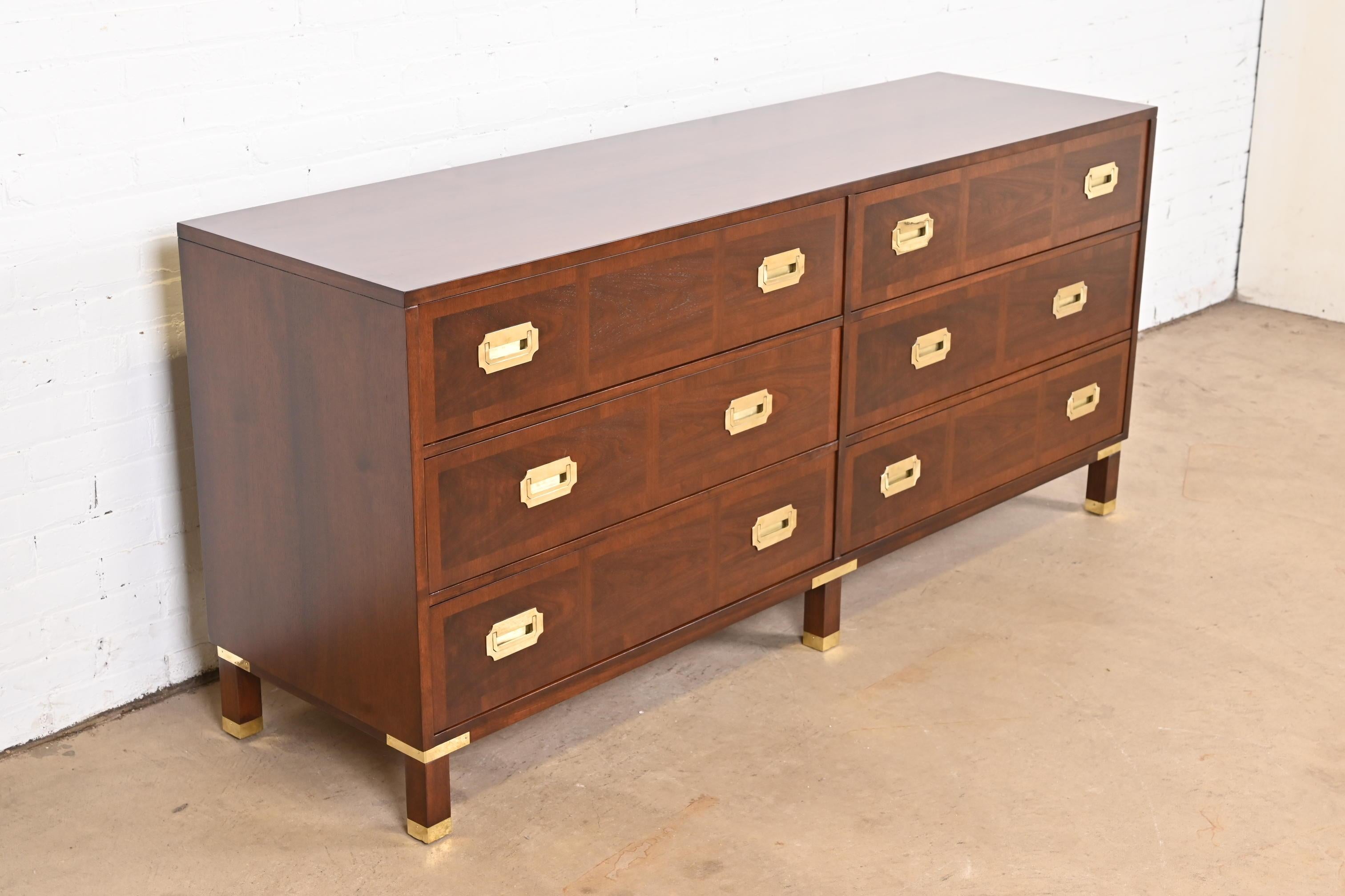 American Baker Furniture Mid-Century Campaign Banded Walnut Dresser, Newly Refinished