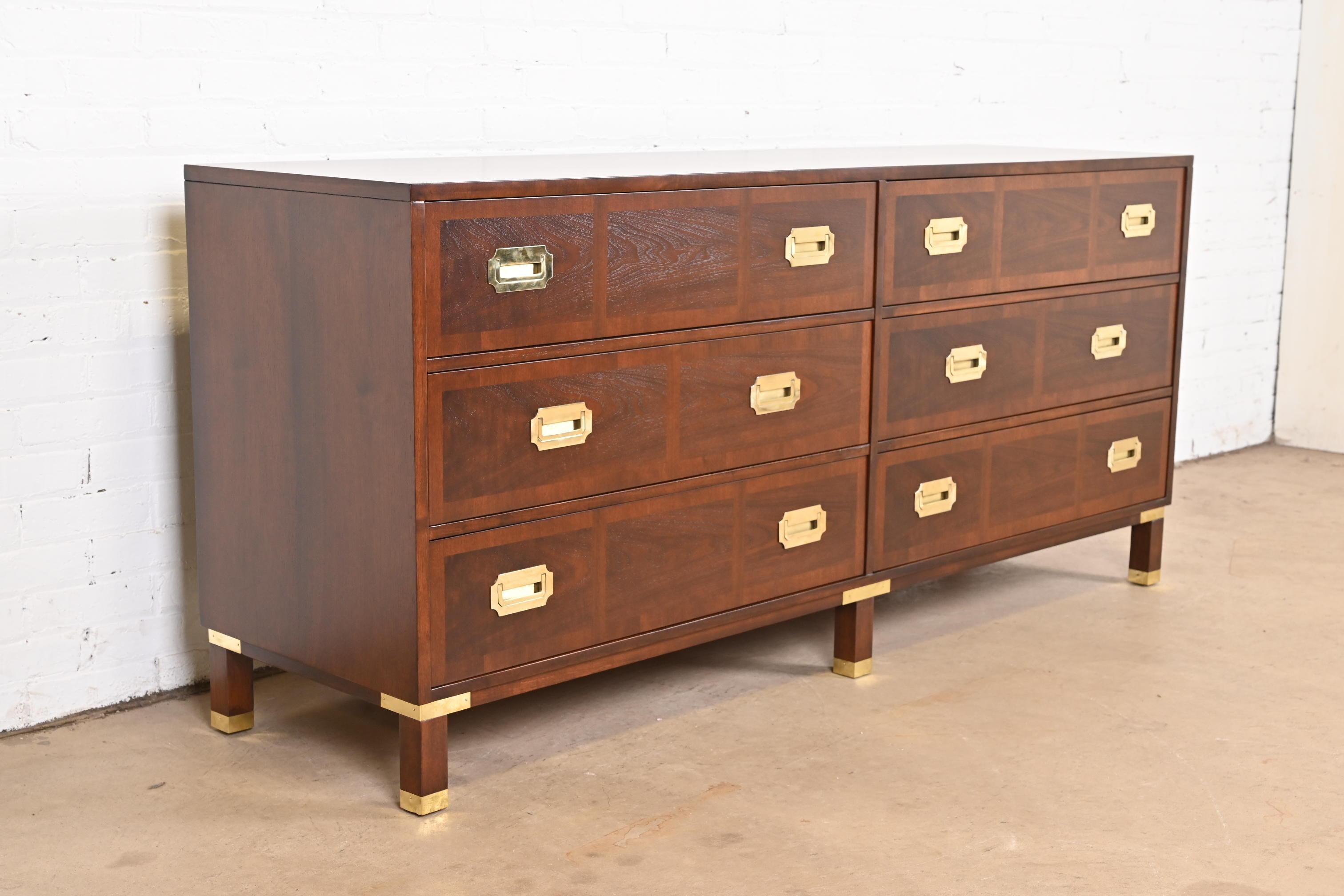 Baker Furniture Mid-Century Campaign Banded Walnut Dresser, Newly Refinished In Good Condition In South Bend, IN