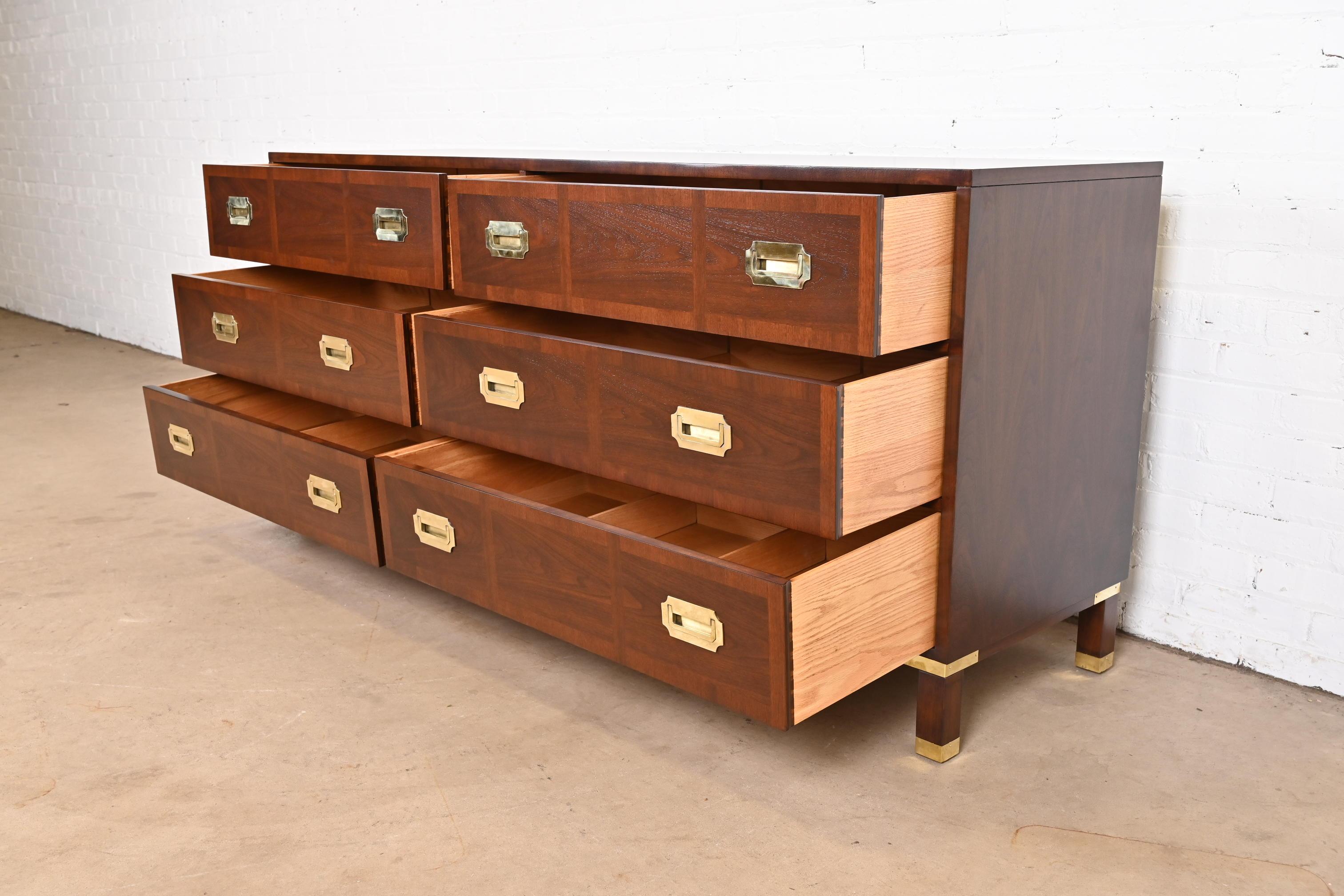 Mid-20th Century Baker Furniture Mid-Century Campaign Banded Walnut Dresser, Newly Refinished