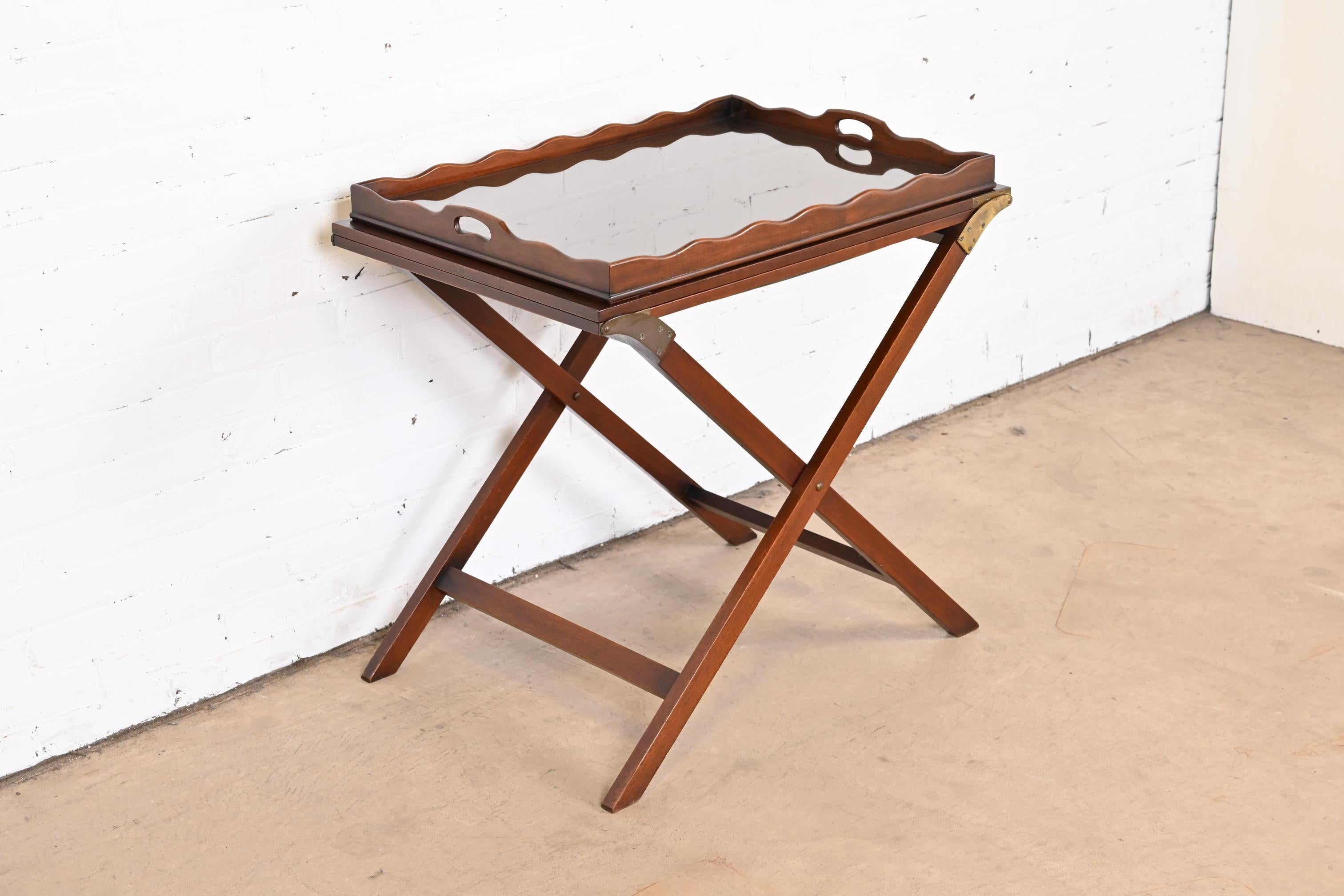 Brass Baker Furniture Mid-Century Campaign Mahogany Butler Stand With Removable Tray