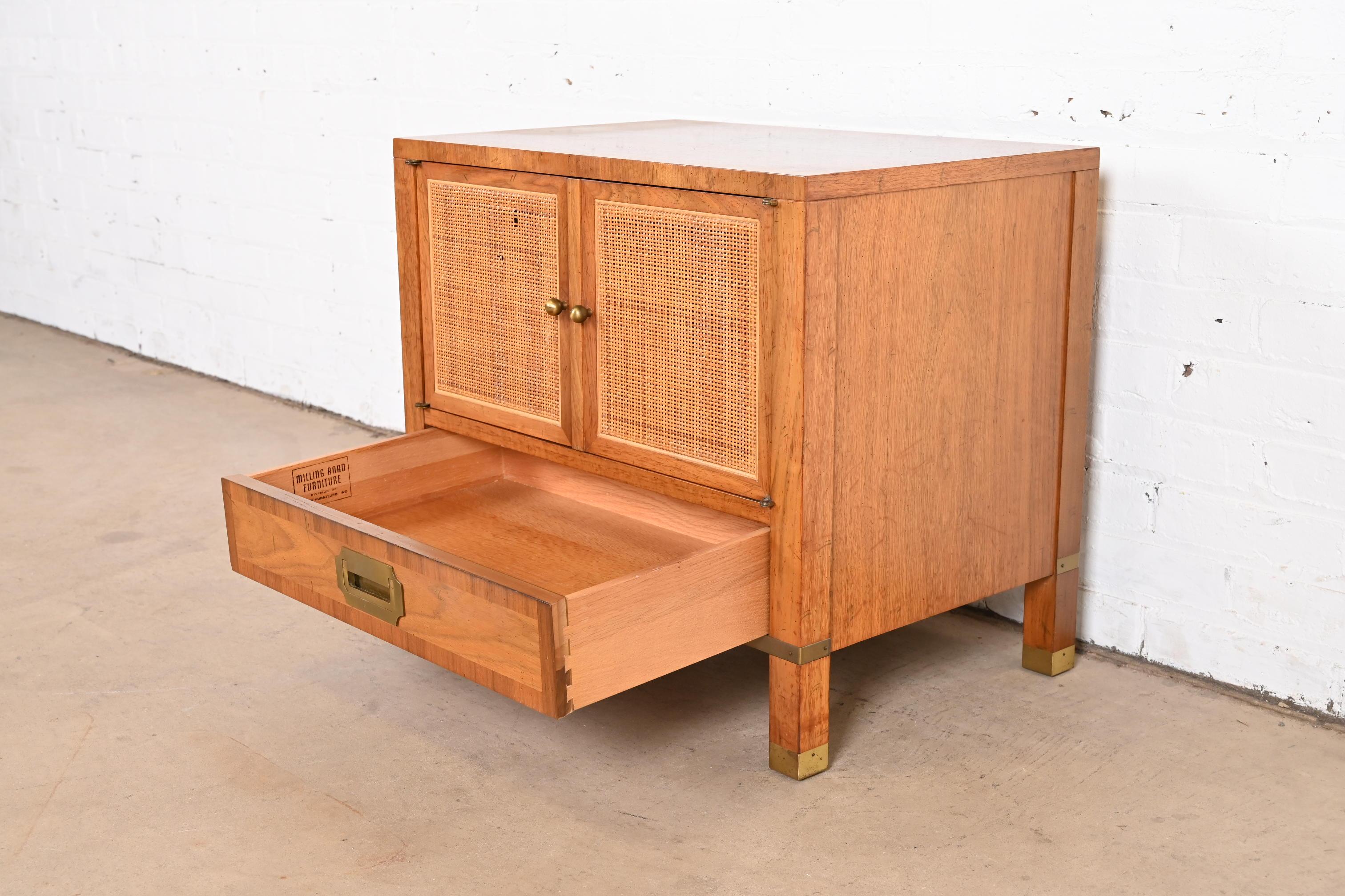 Baker Furniture Mid-Century Campaign Walnut, Cane, and Brass Nightstand, 1960s For Sale 4