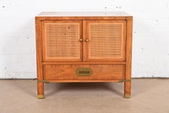 Baker Furniture Mid-Century Campaign Walnut, Cane, and Brass Nightstand, 1960s