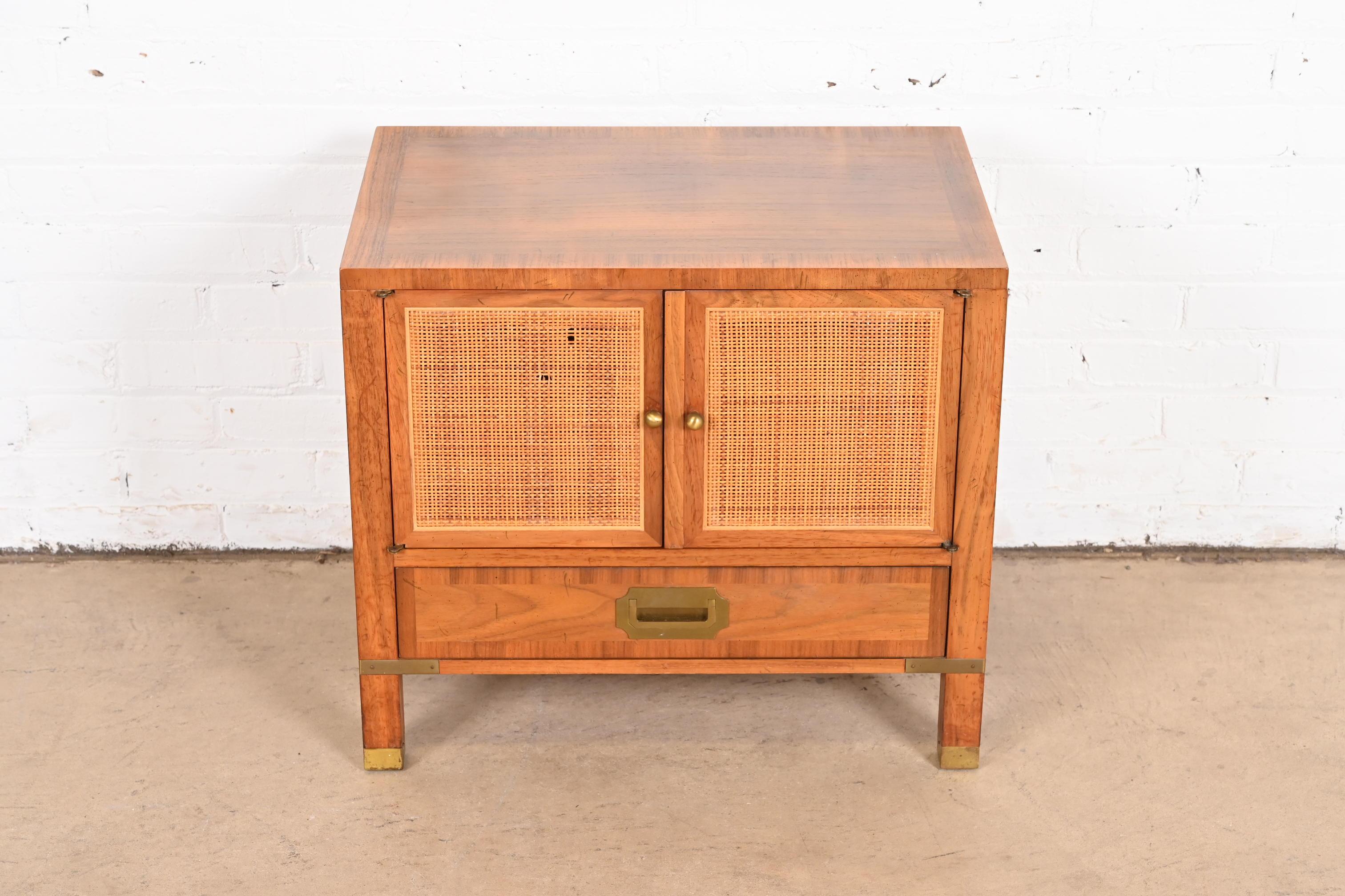 Mid-Century Modern Baker Furniture Mid-Century Campaign Walnut, Cane, and Brass Nightstand, 1960s For Sale