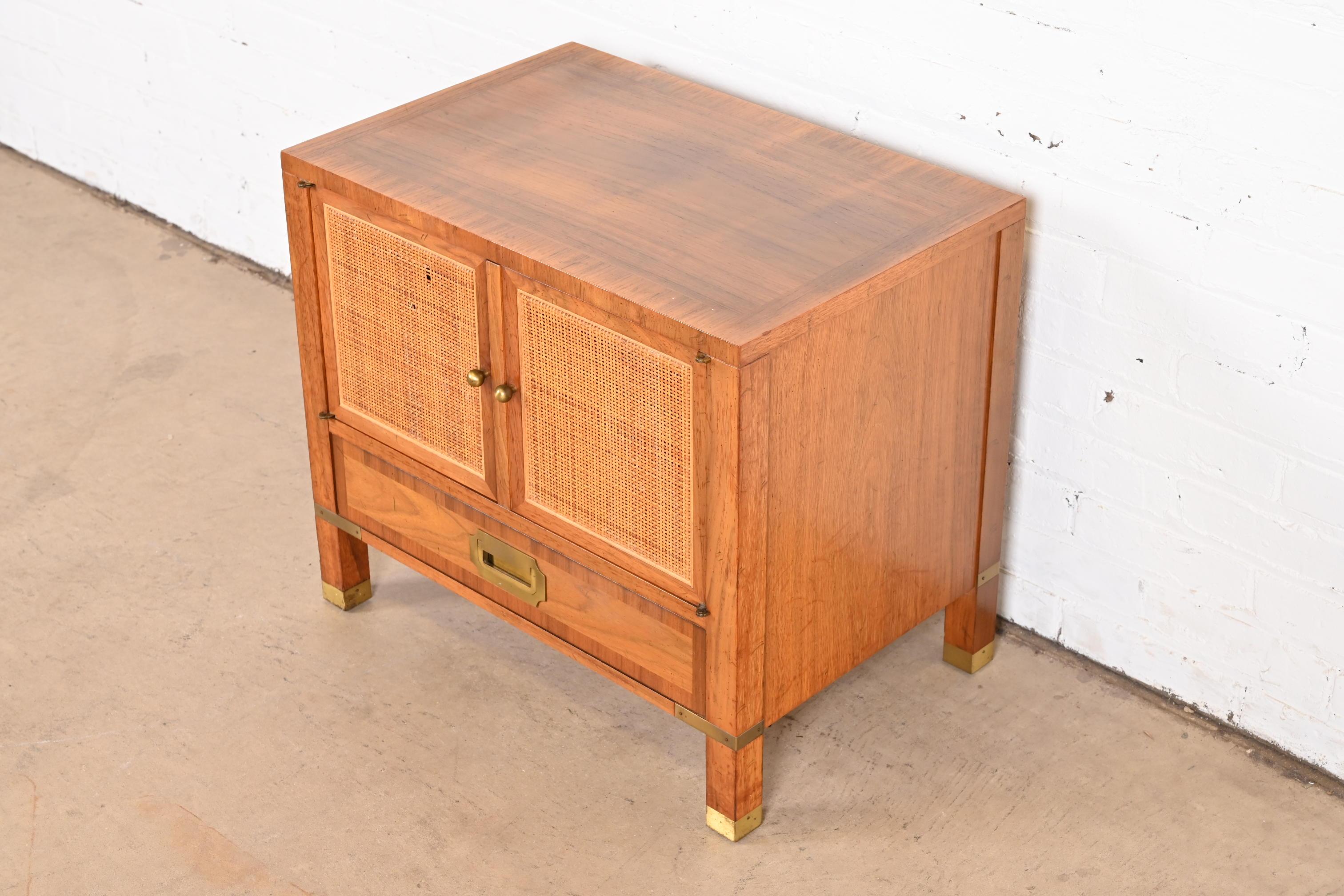 Baker Furniture Mid-Century Campaign Walnut, Cane, and Brass Nightstand, 1960s In Good Condition For Sale In South Bend, IN