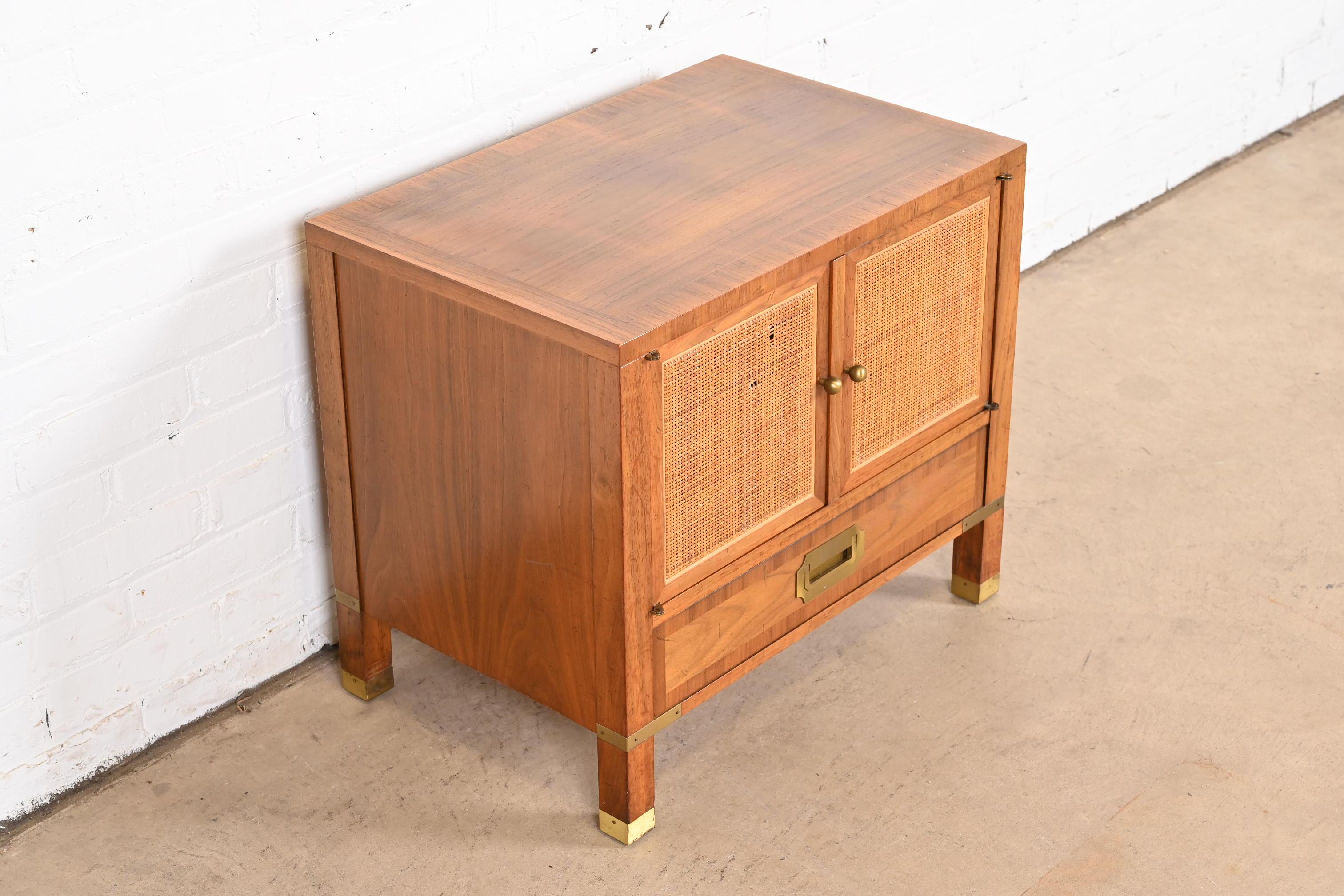 Mid-20th Century Baker Furniture Mid-Century Campaign Walnut, Cane, and Brass Nightstand, 1960s For Sale