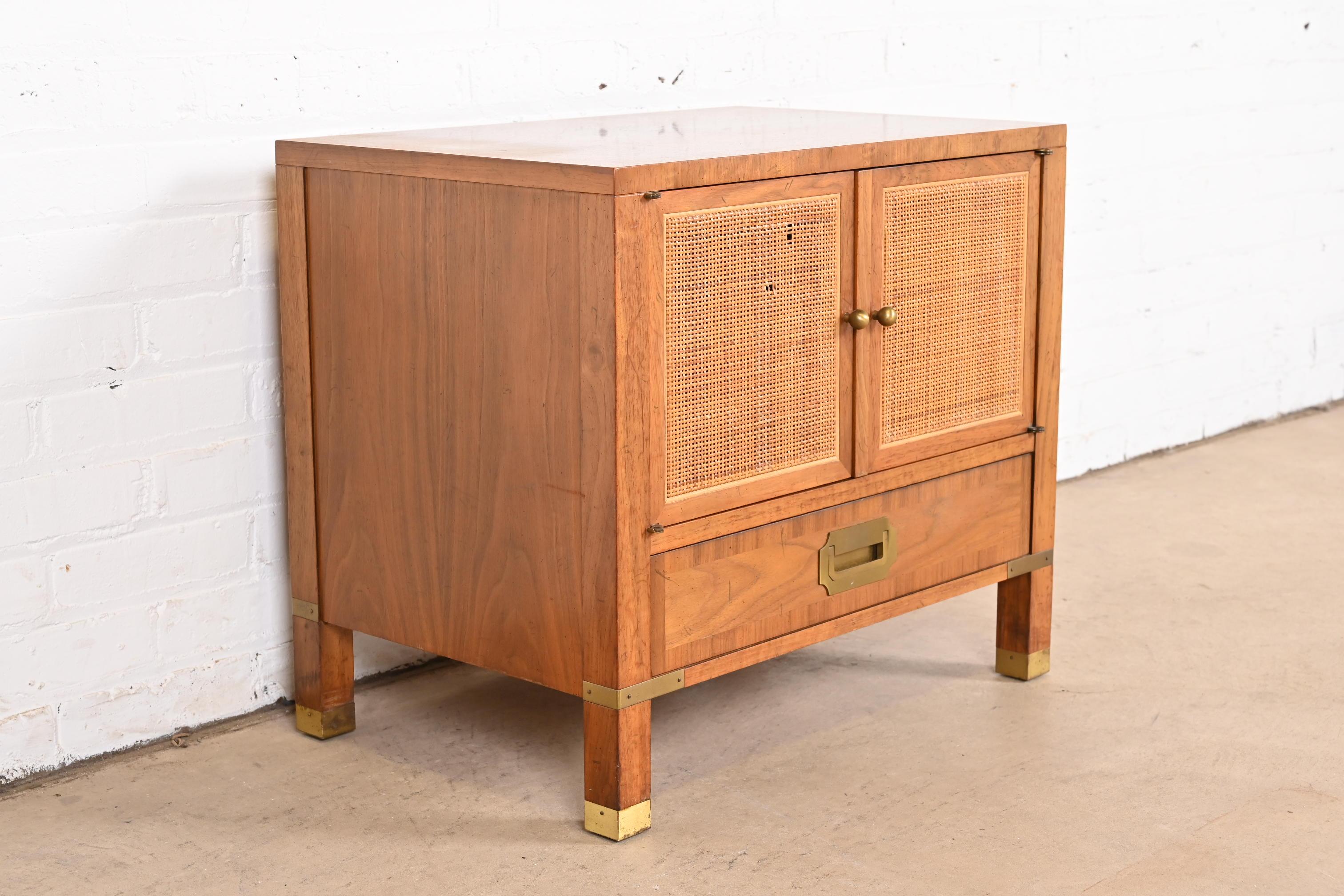 Baker Furniture Mid-Century Campaign Walnut, Cane, and Brass Nightstand, 1960s For Sale 1