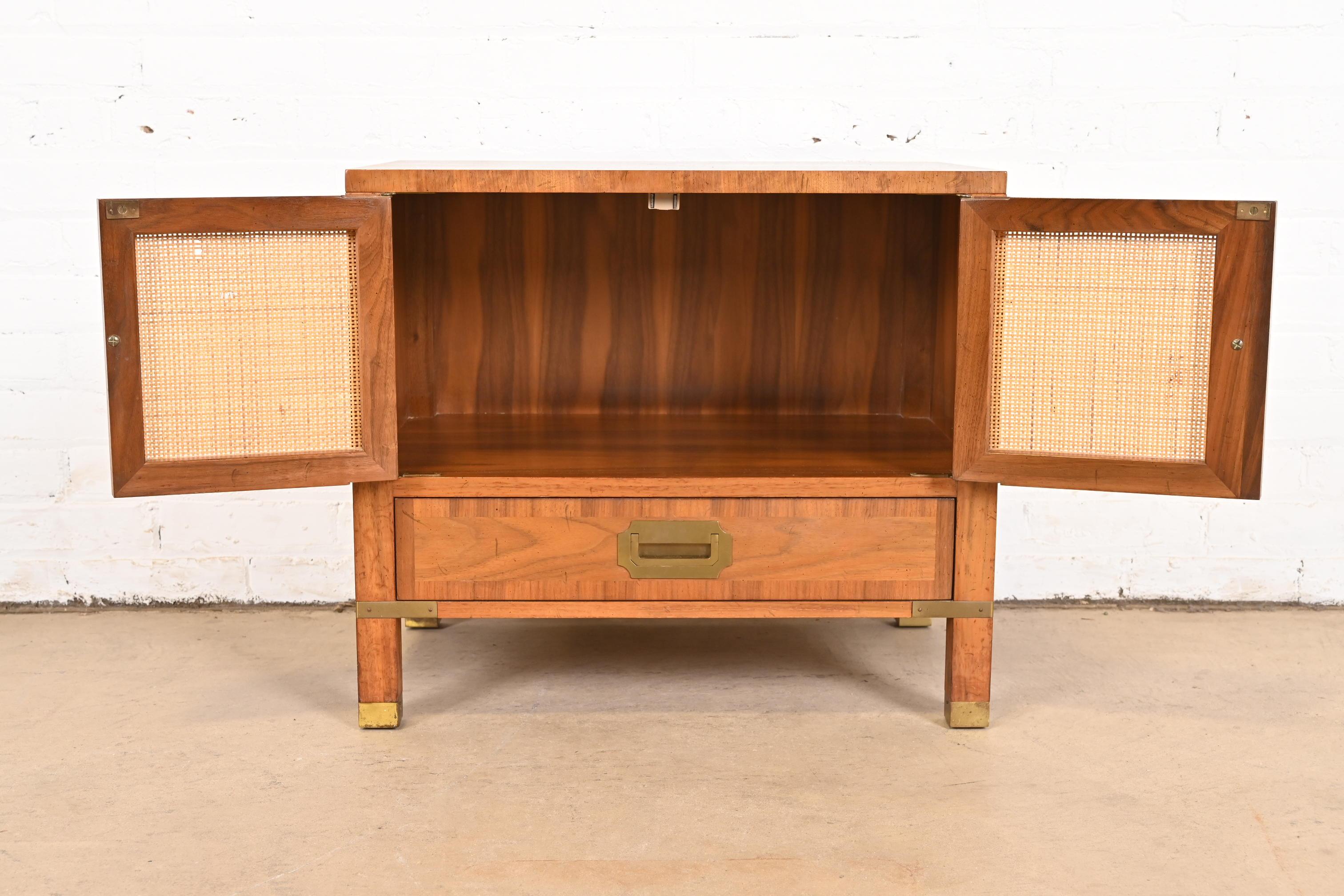 Baker Furniture Mid-Century Campaign Walnut, Cane, and Brass Nightstand, 1960s For Sale 2