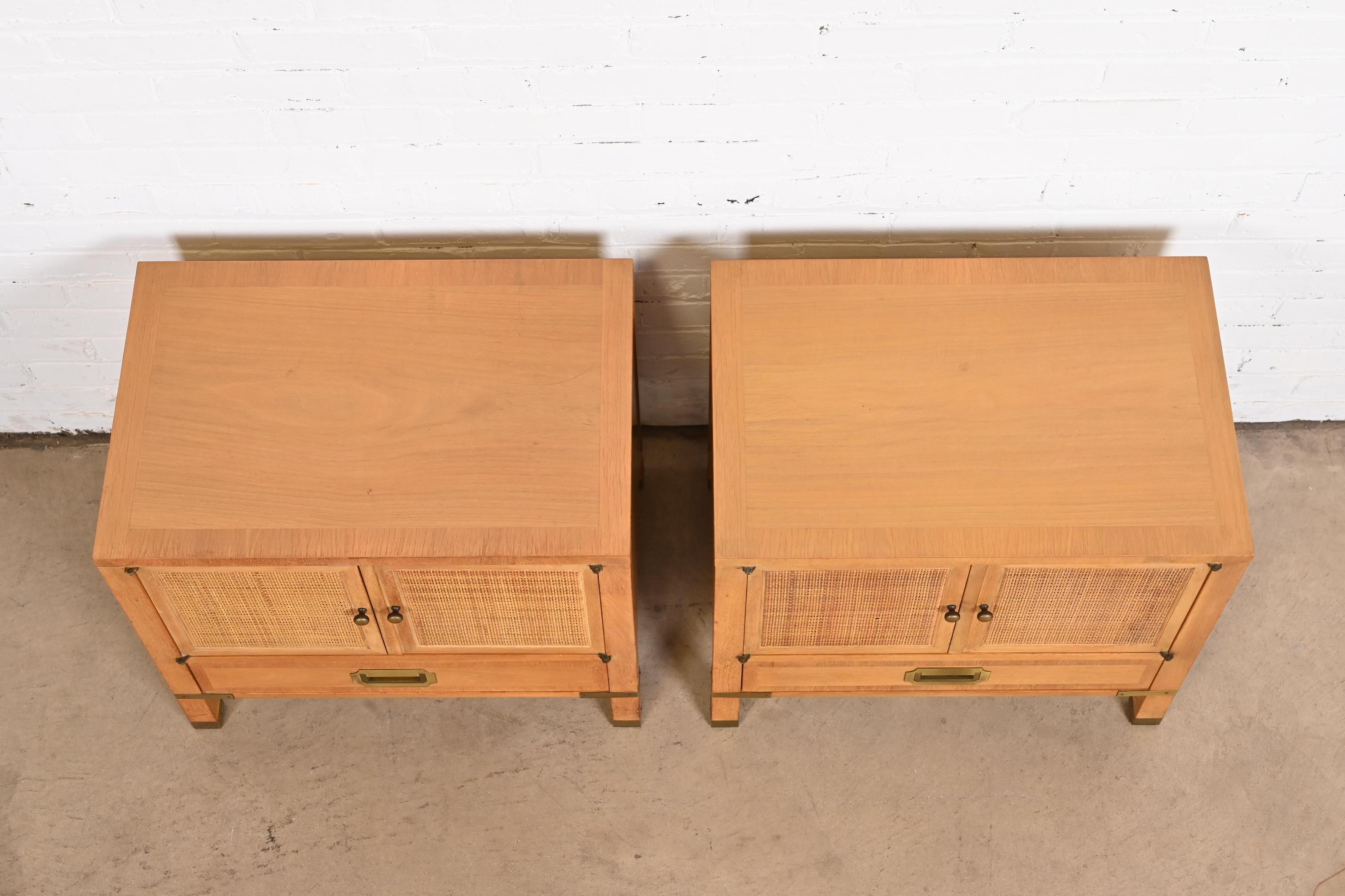 Baker Furniture Midcentury Campaign Walnut, Cane, and Brass Nightstands, 1960s For Sale 4