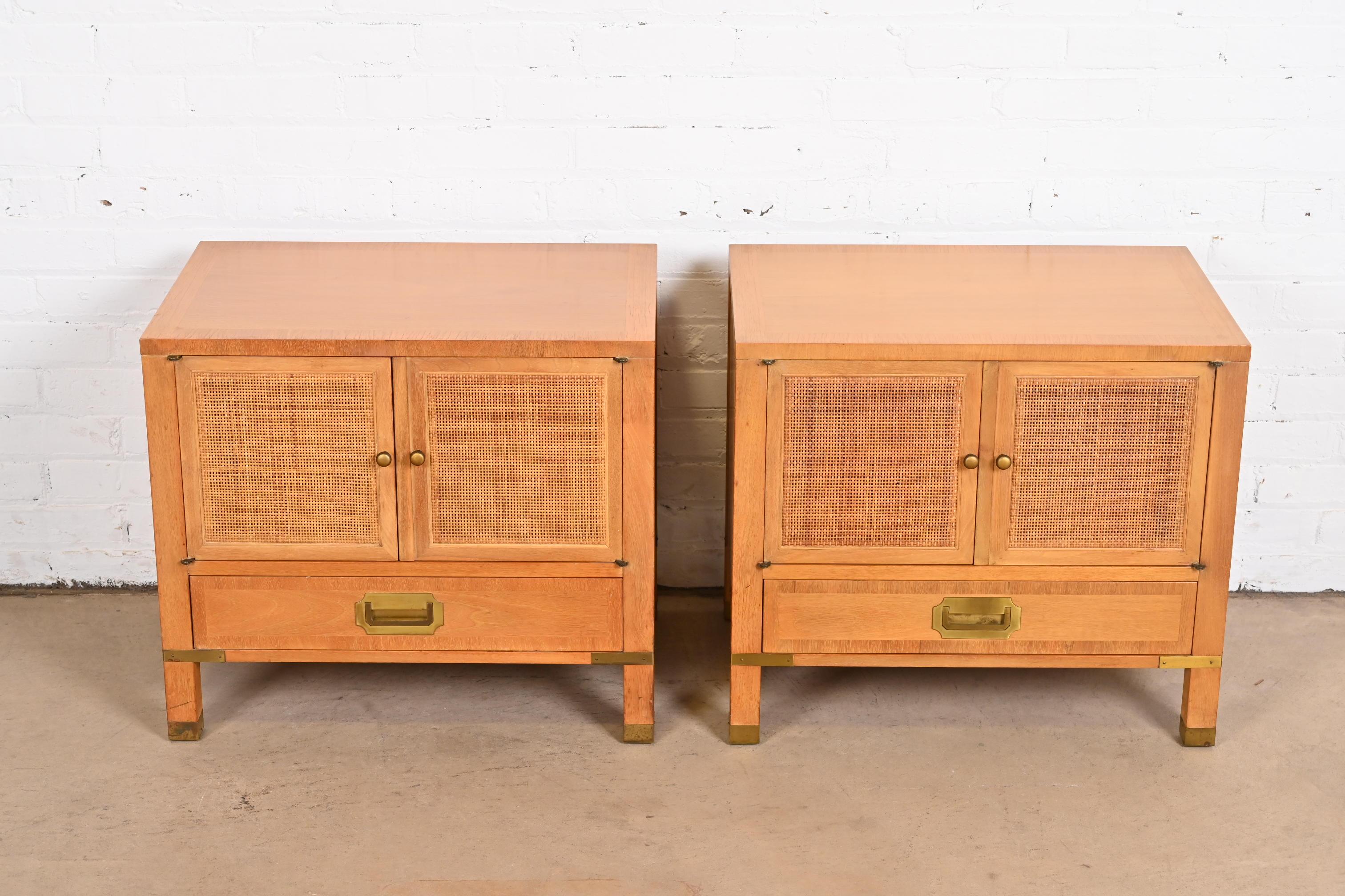 Mid-Century Modern Baker Furniture Midcentury Campaign Walnut, Cane, and Brass Nightstands, 1960s For Sale