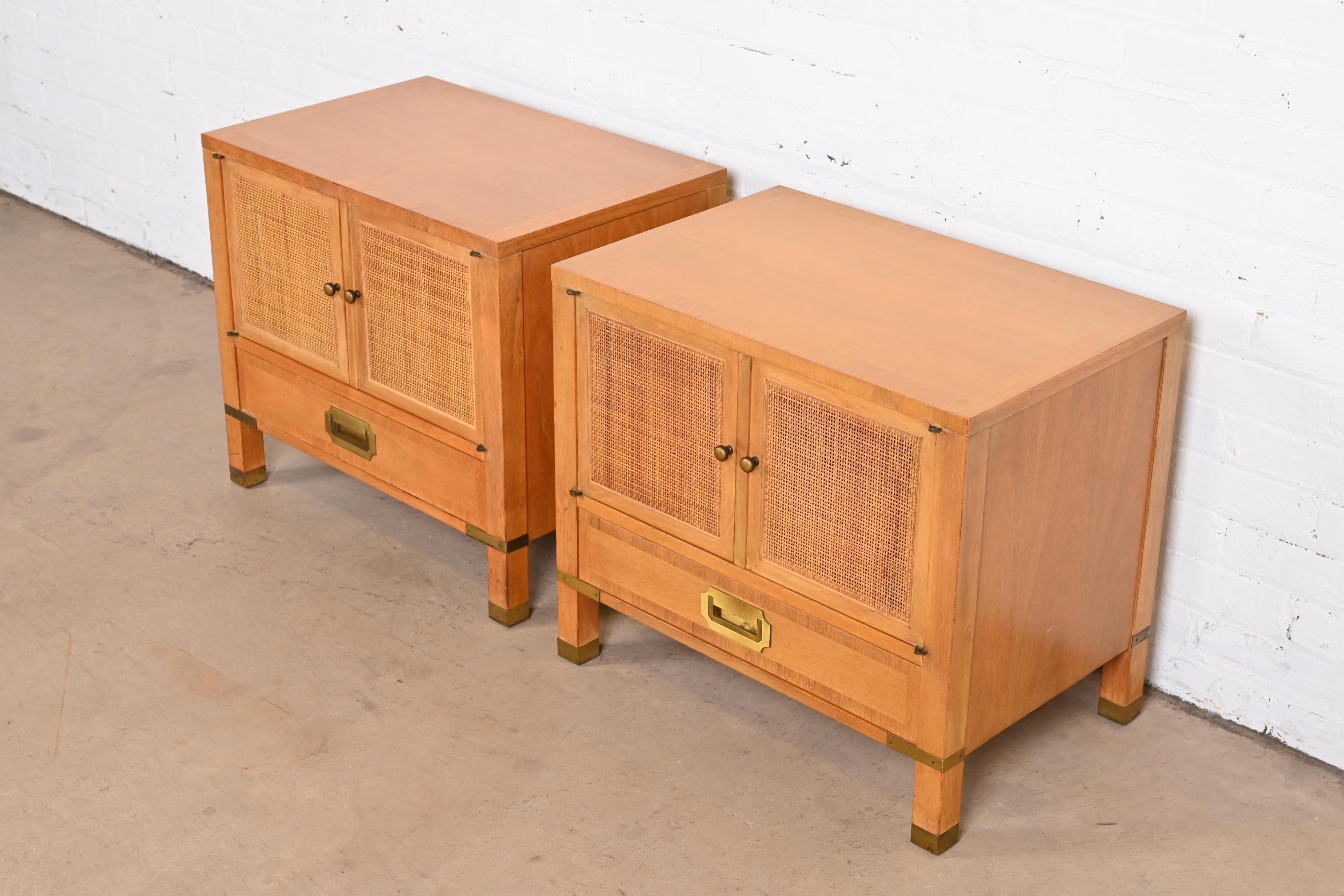 Baker Furniture Midcentury Campaign Walnut, Cane, and Brass Nightstands, 1960s In Good Condition For Sale In South Bend, IN