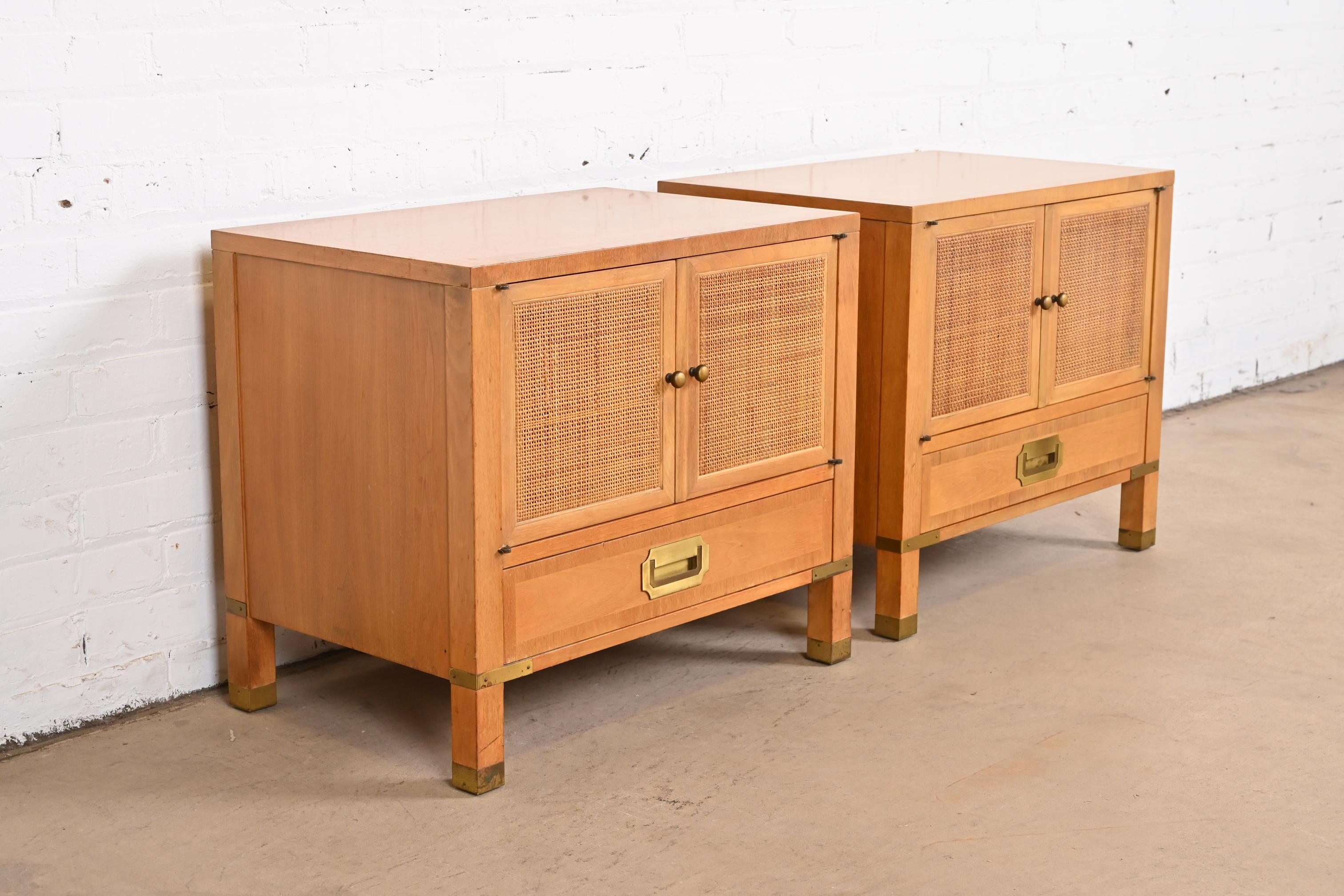 Mid-20th Century Baker Furniture Midcentury Campaign Walnut, Cane, and Brass Nightstands, 1960s For Sale