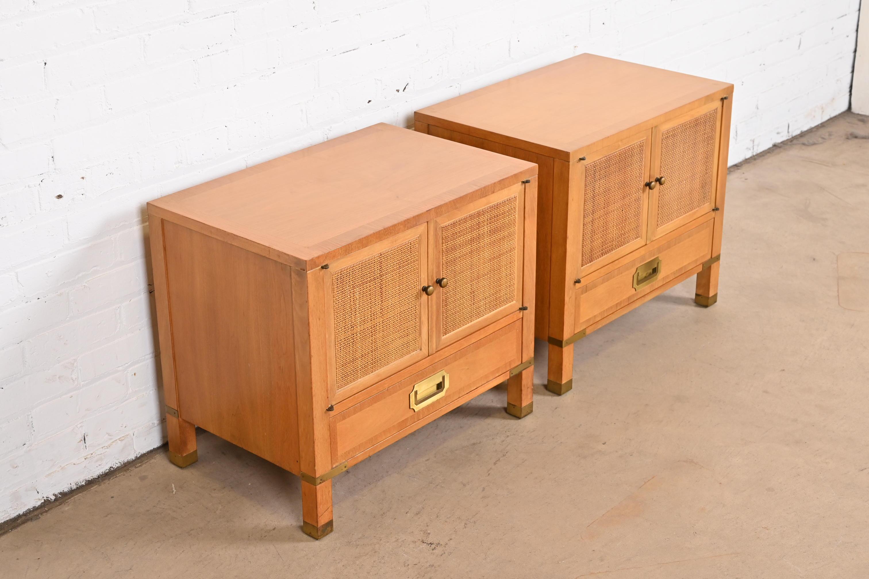 Baker Furniture Midcentury Campaign Walnut, Cane, and Brass Nightstands, 1960s For Sale 1