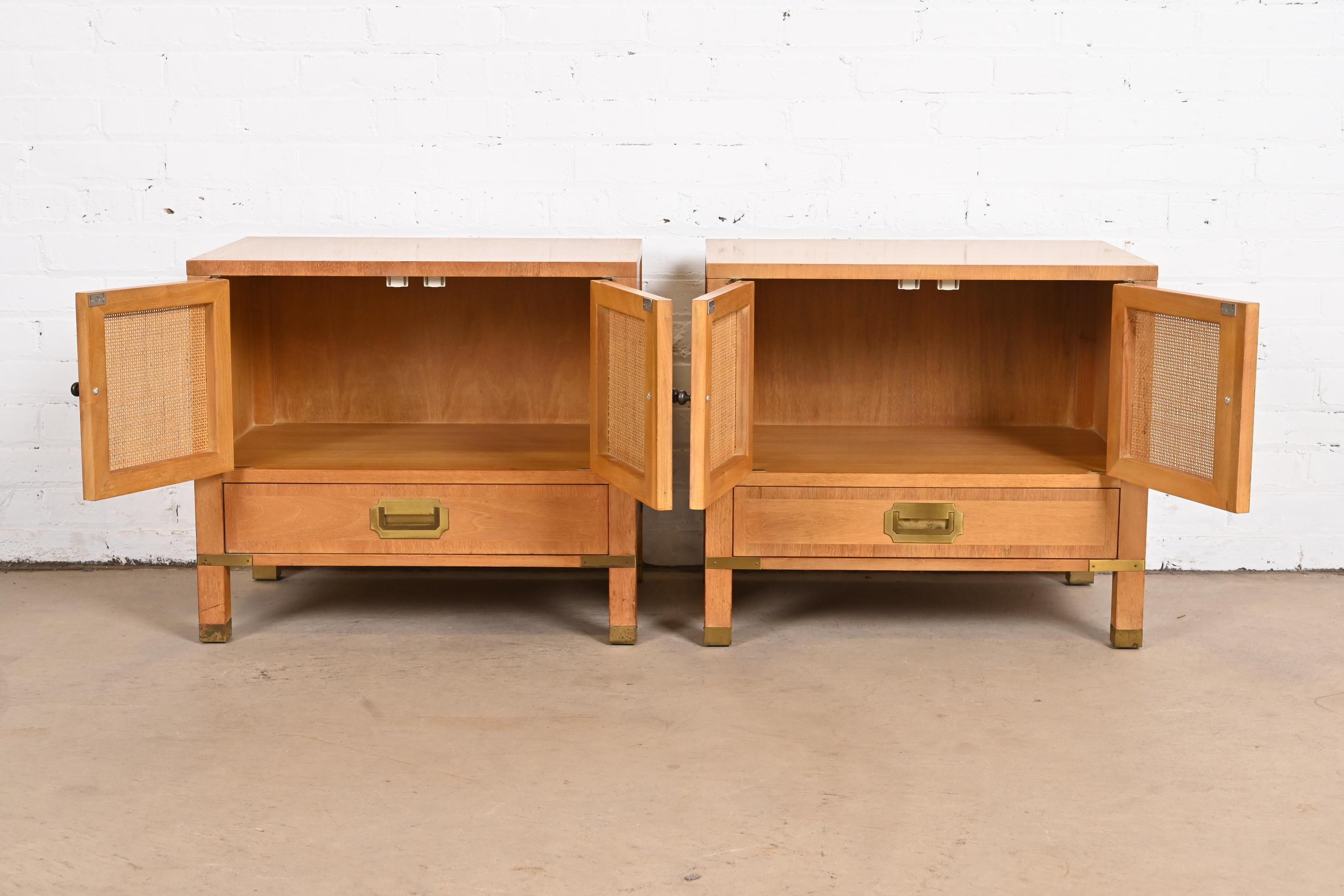 Baker Furniture Midcentury Campaign Walnut, Cane, and Brass Nightstands, 1960s For Sale 2