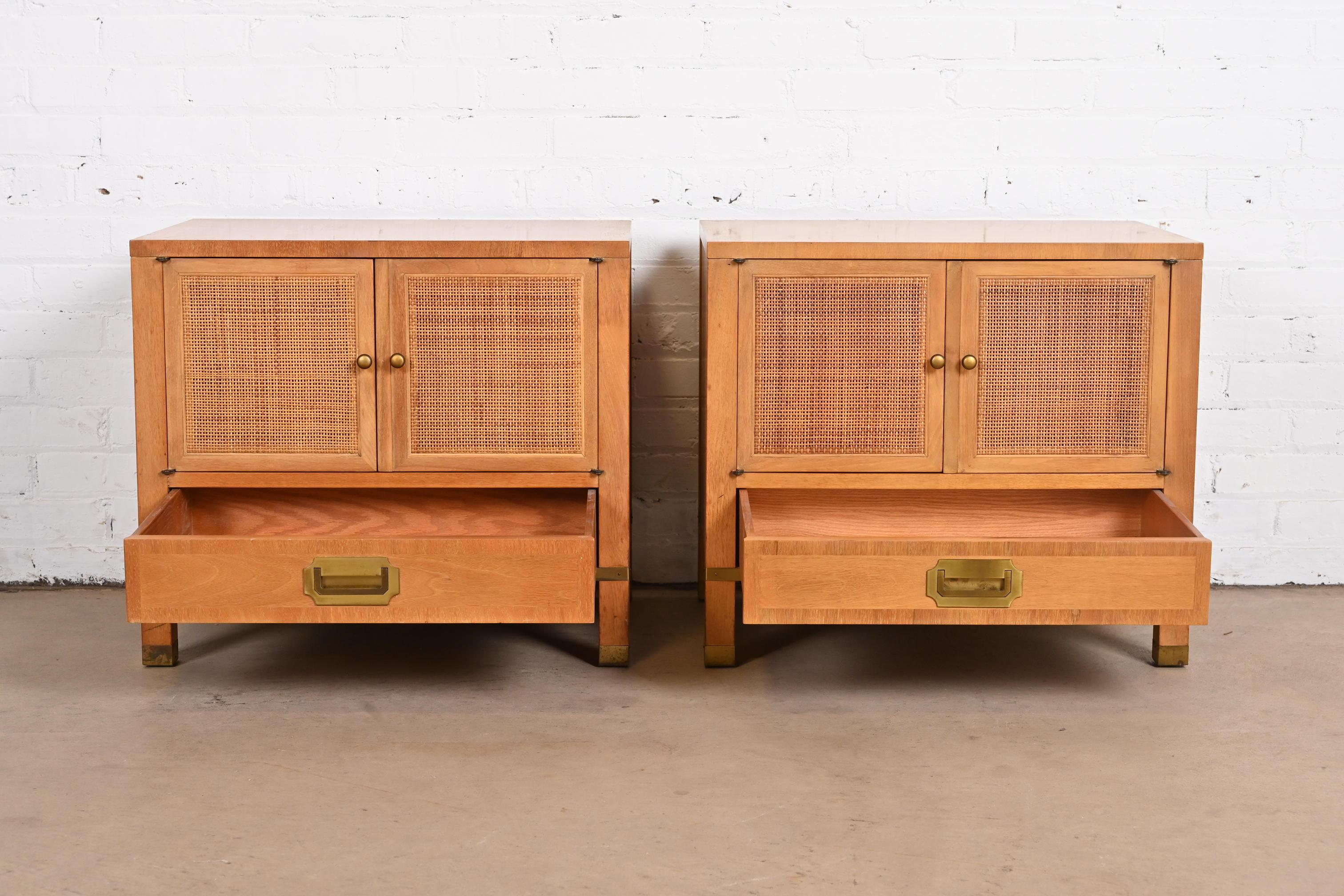 Baker Furniture Midcentury Campaign Walnut, Cane, and Brass Nightstands, 1960s For Sale 3