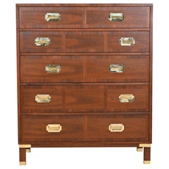 Baker Furniture Mid-Century Campaign Walnut Highboy Dresser, Newly Refinished