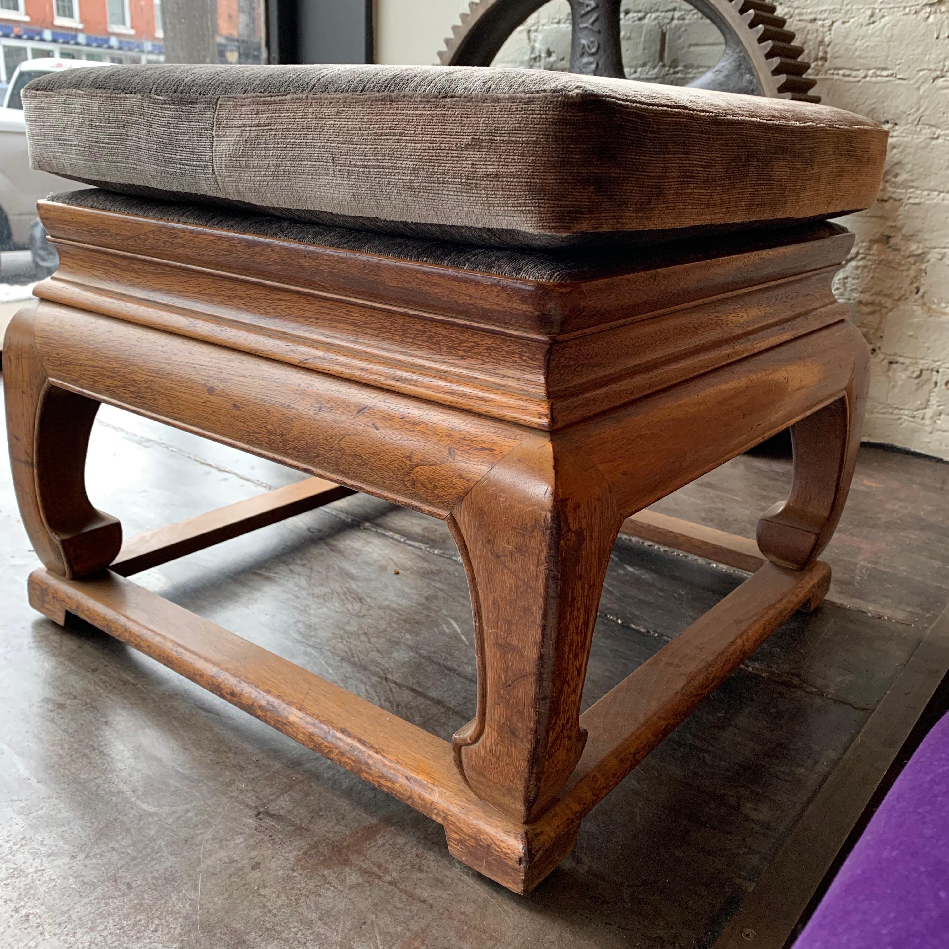 Baker Furniture MidCentury Chinoiserie Cherry and Velvet Ottoman Pouf